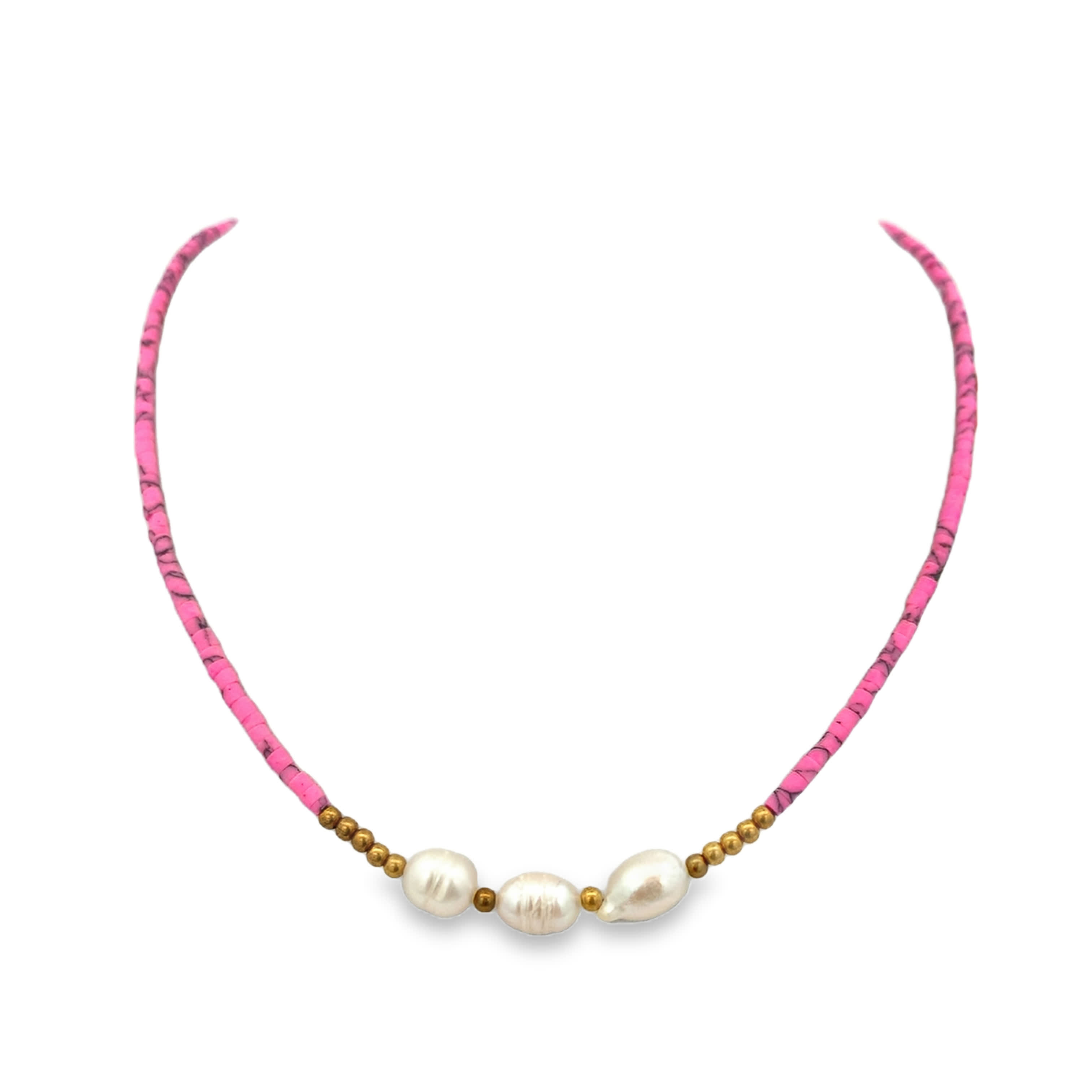 Pink Patterned Beaded Necklace with Pearls