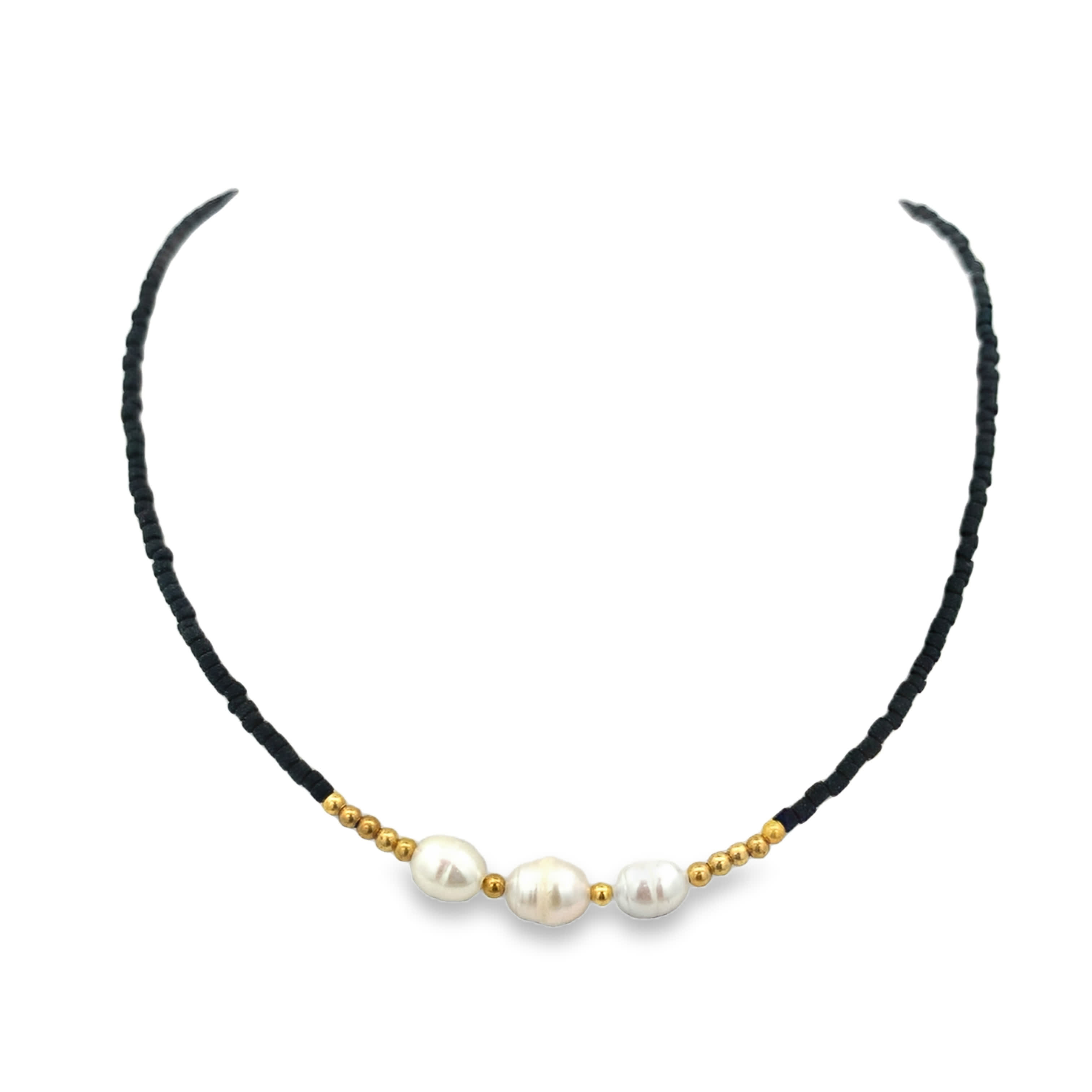 Three-Pearl Black Beaded Necklace with Yellow Gold Accents