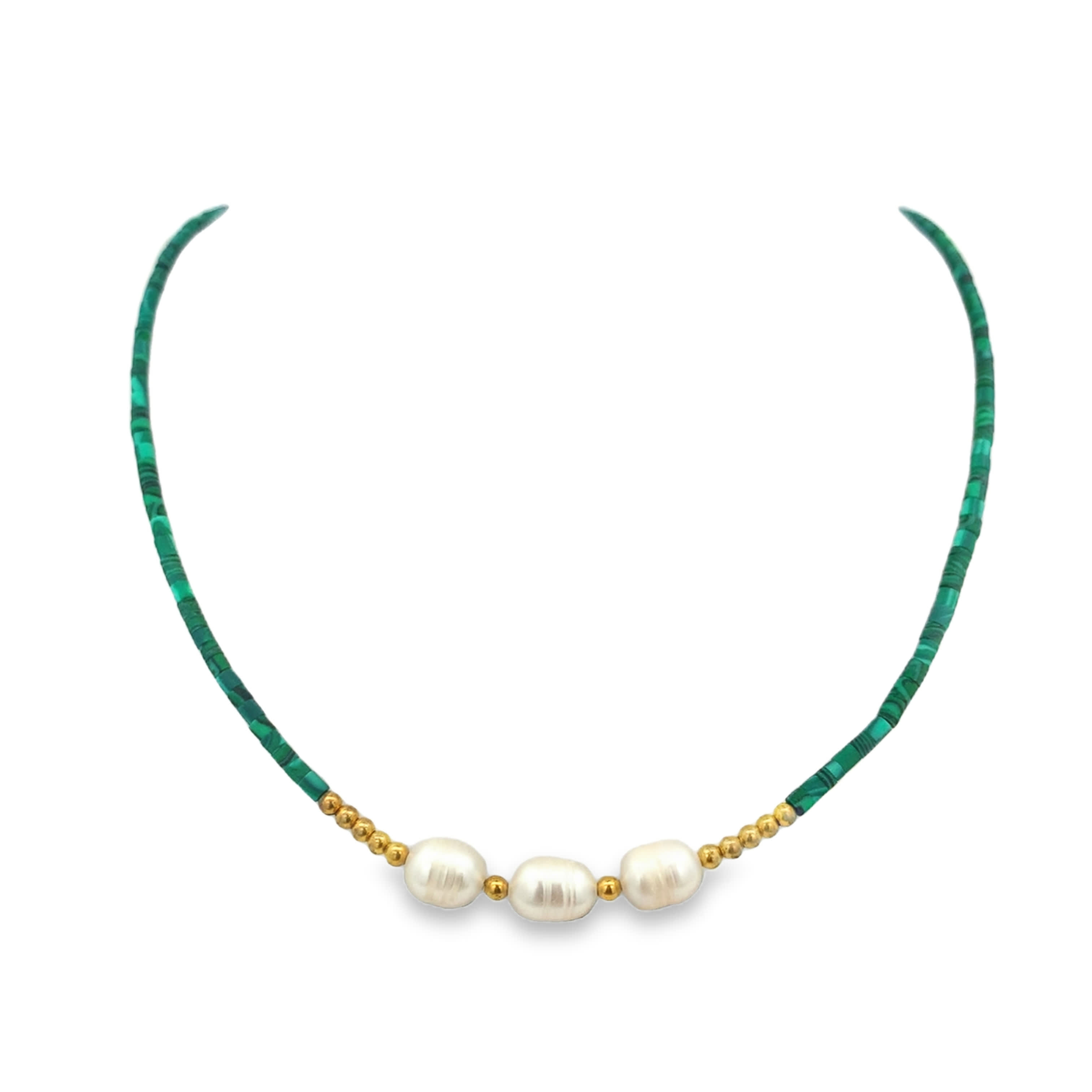 Green Beaded Pearl Necklace with Yellow Gold Accents