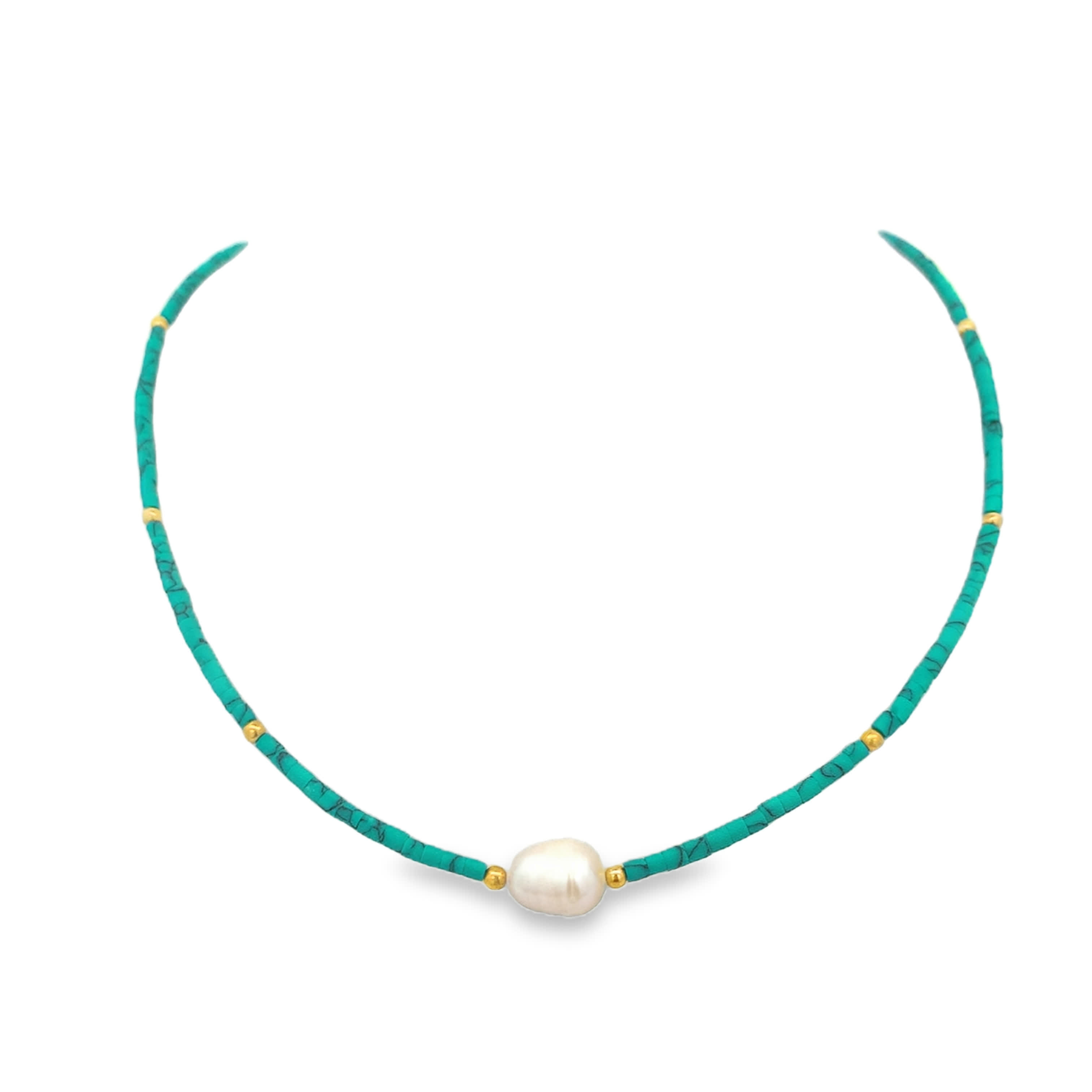 Turquoise Beaded Pearl Necklace with Yellow Gold Accents