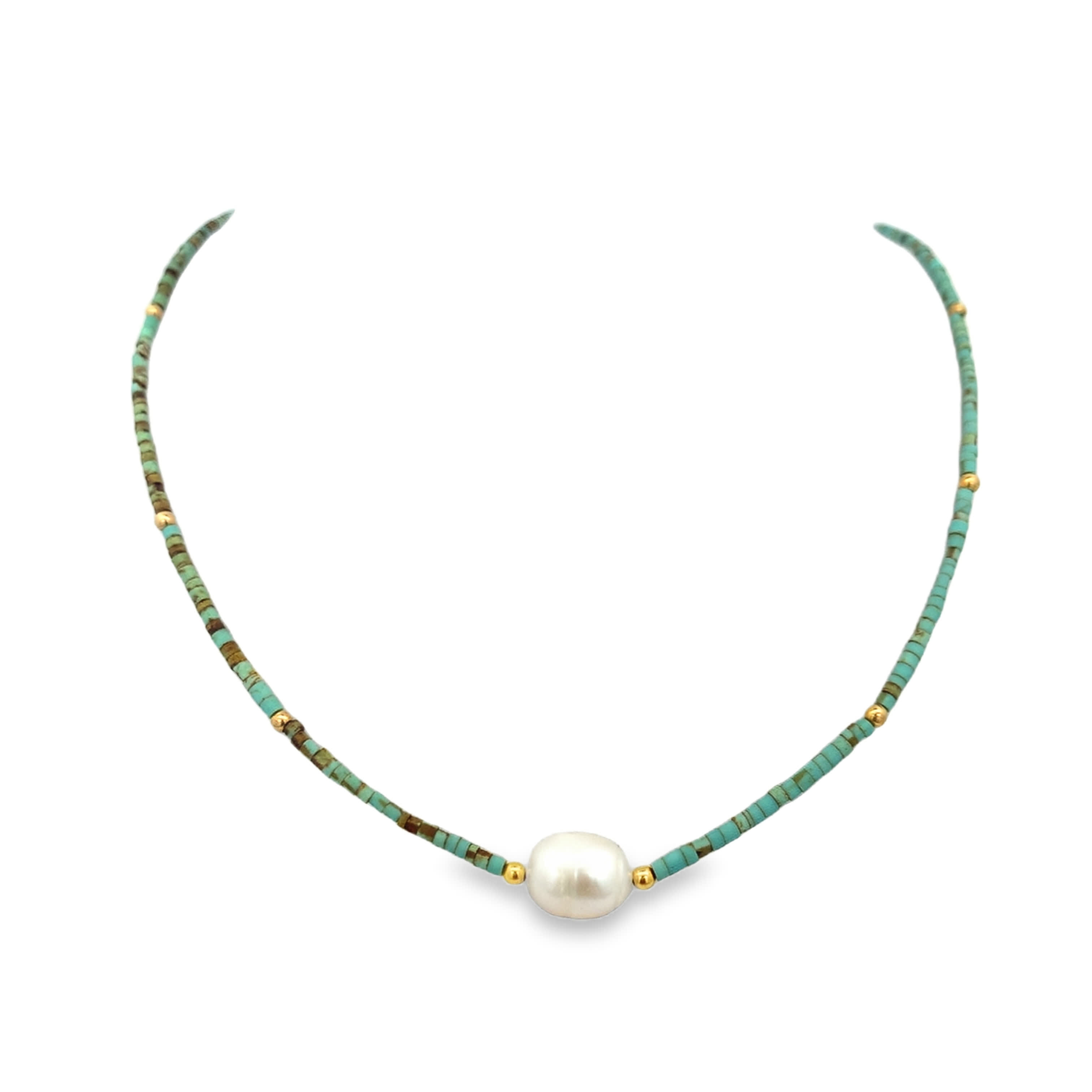Turquoise Beaded Yellow Gold Necklace with Pearl Center