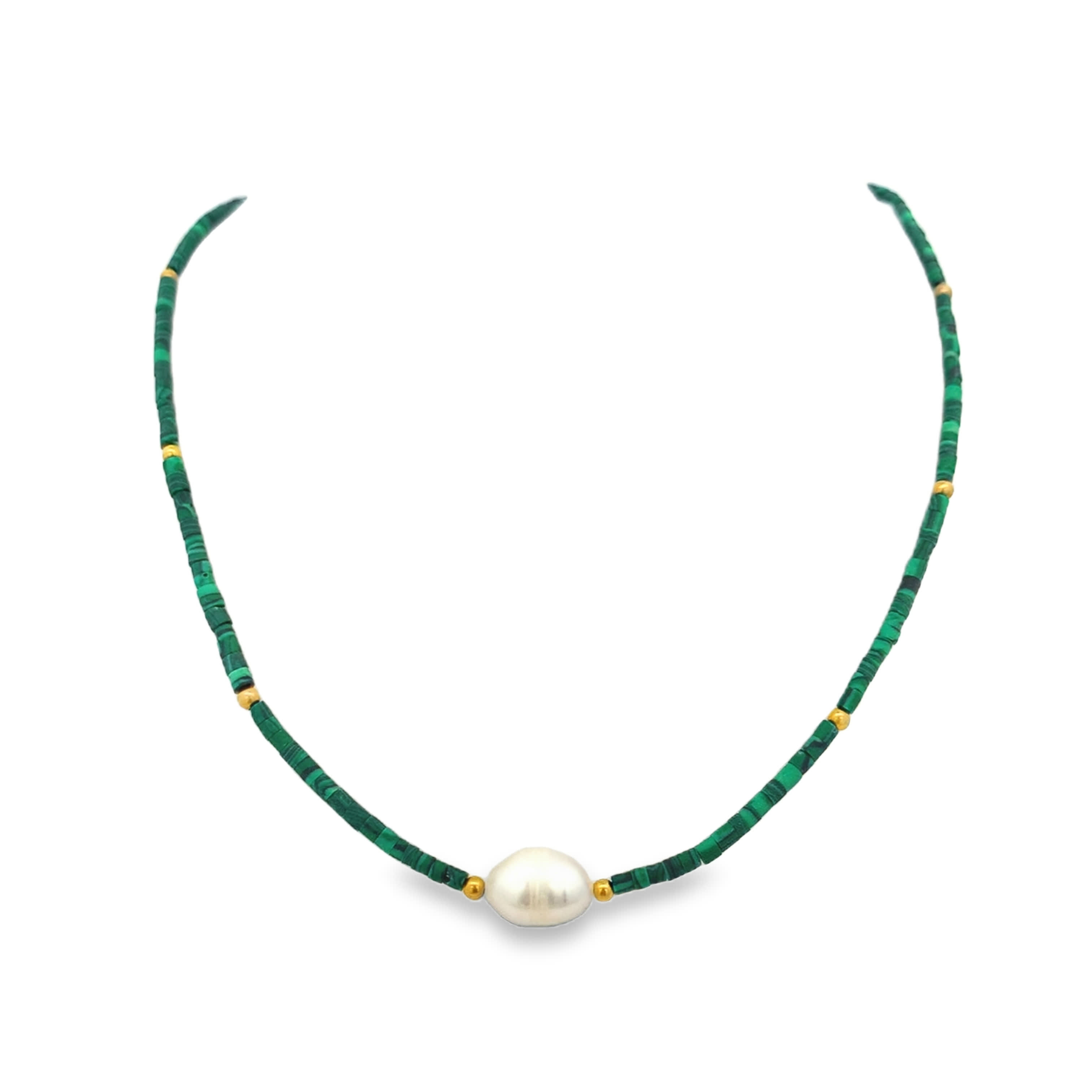 Green Gemstone and Pearl Beaded Necklace with Yellow Gold
