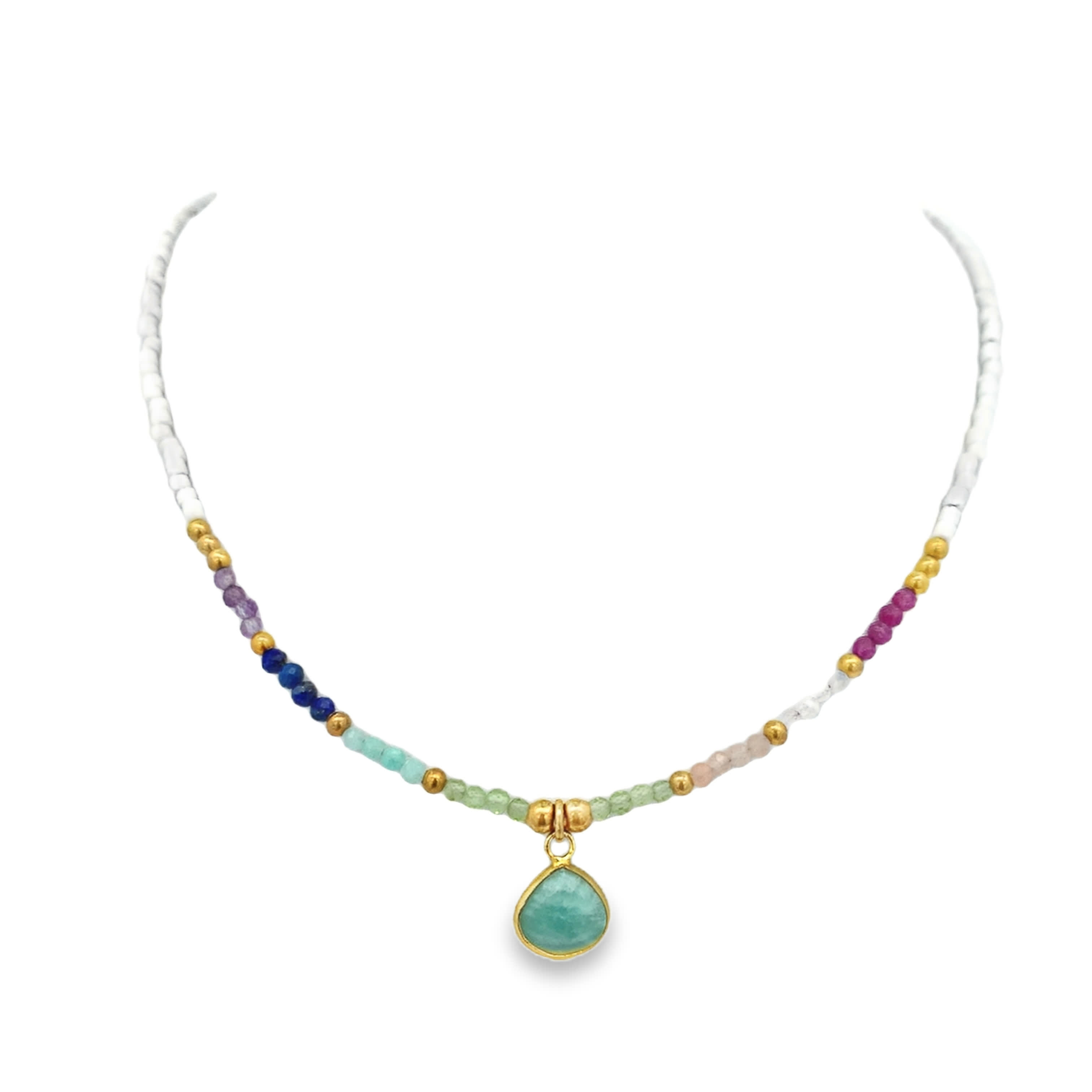 Multi-Color Beaded Quartz Pendant Necklace in Yellow Gold