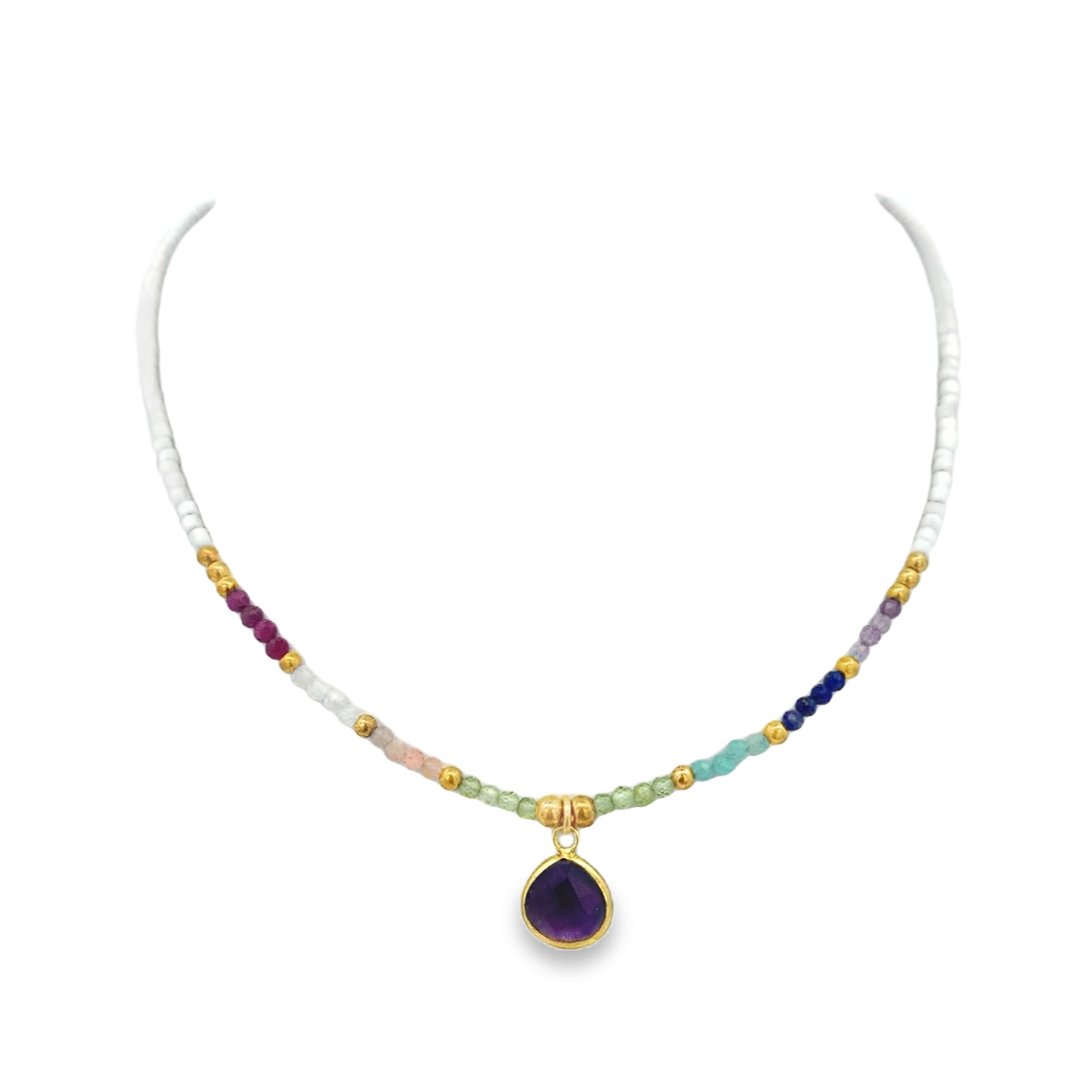 Multi-Color Beaded Necklace with Amethyst Pendant in Yellow Gold