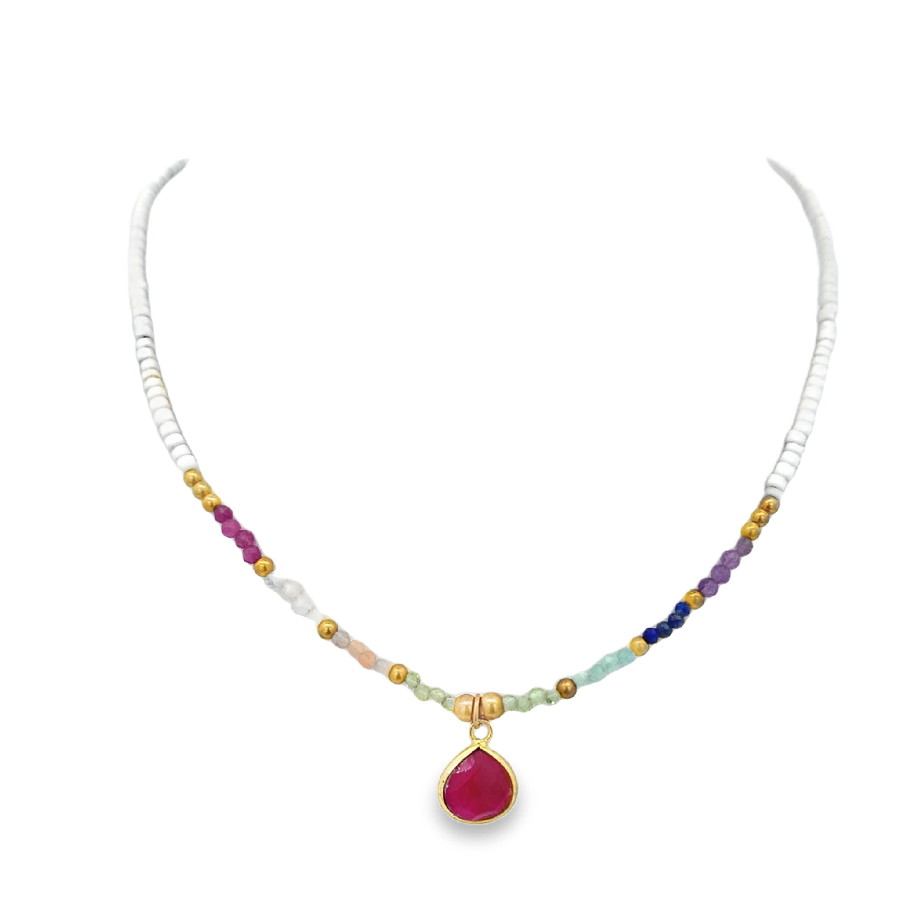 Yellow Gold Beaded Necklace with Pear-Cut Ruby Pendant