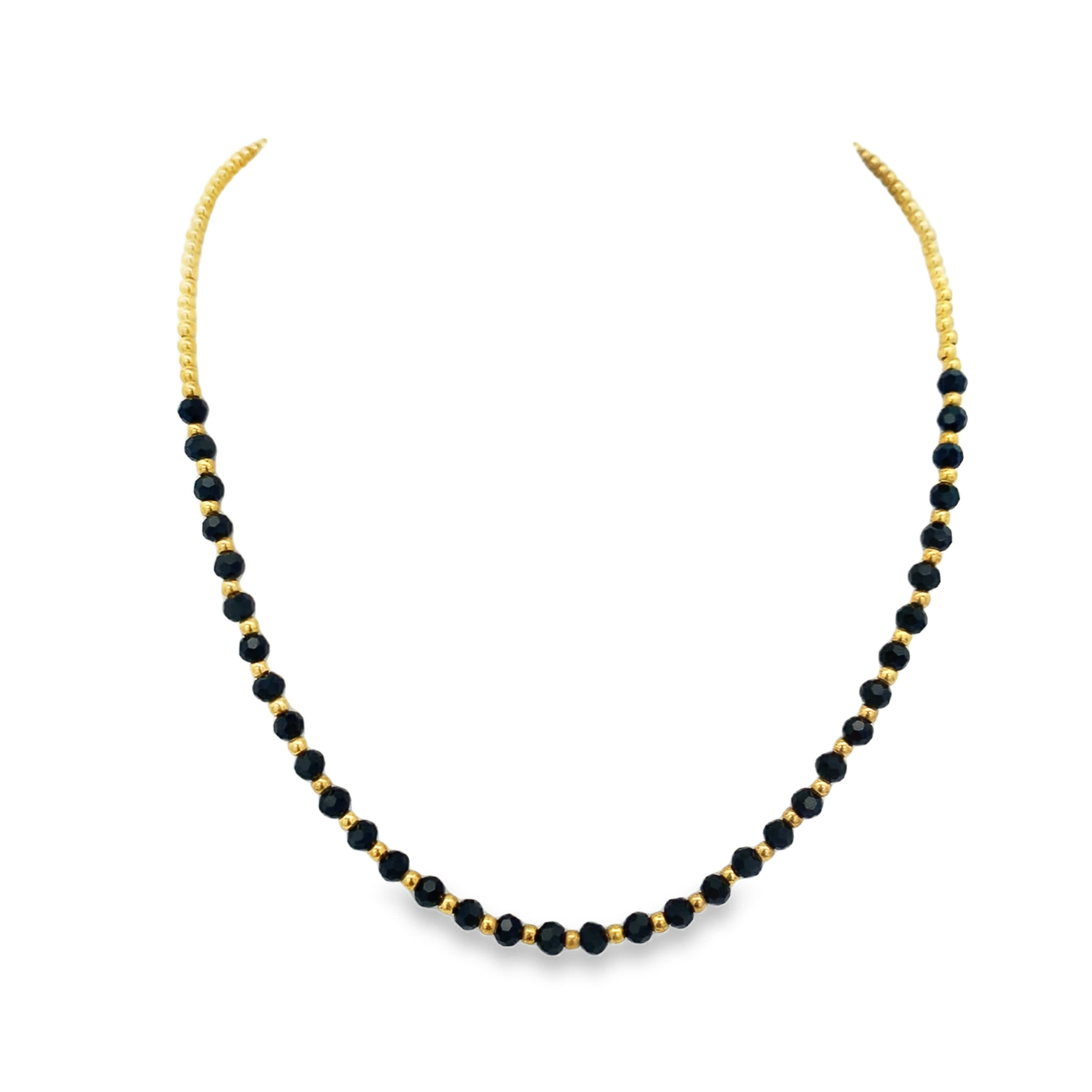 Yellow Gold Beaded Necklace with Faceted Black Onyx