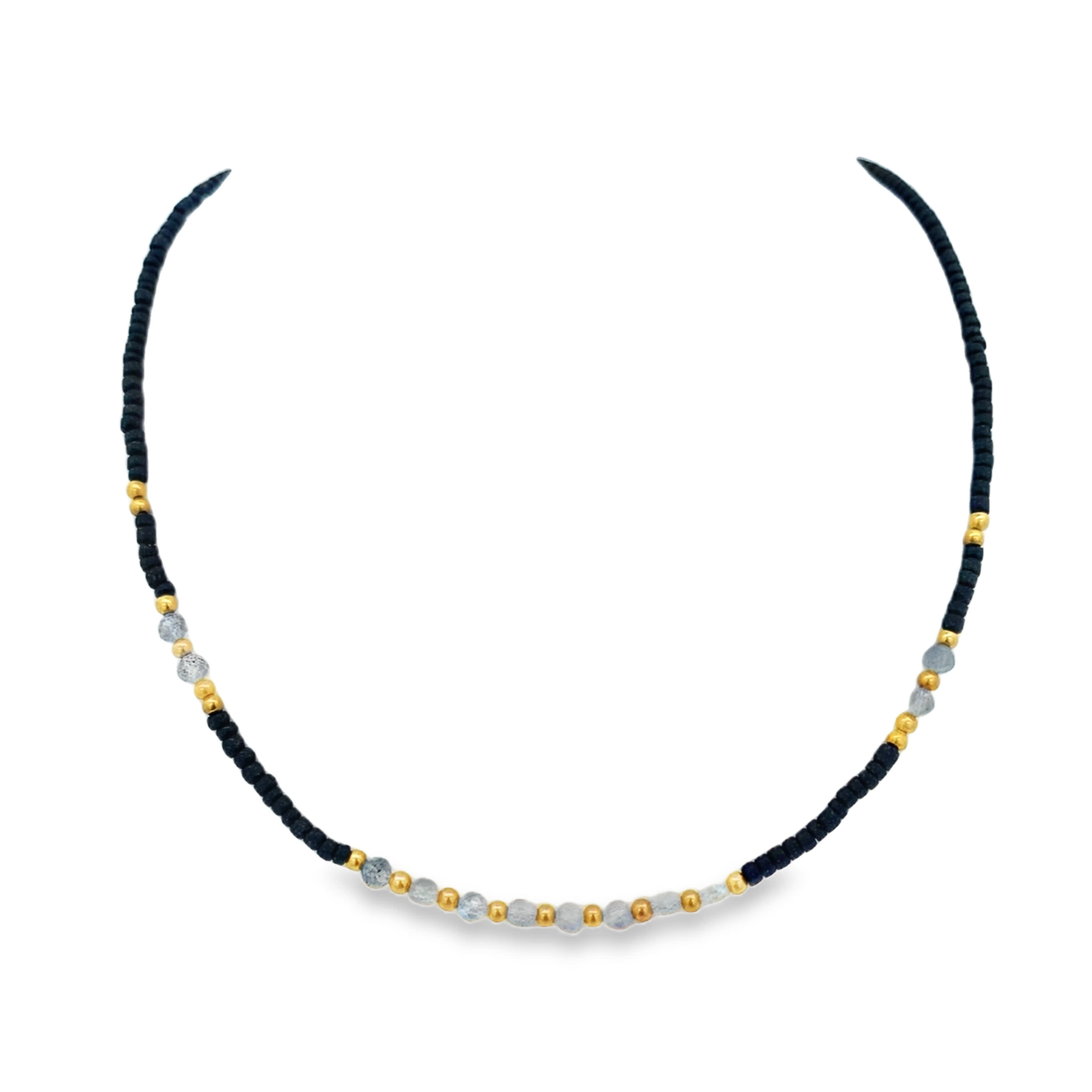 Black Obsidian Beaded Necklace with Gold-Tone Accents
