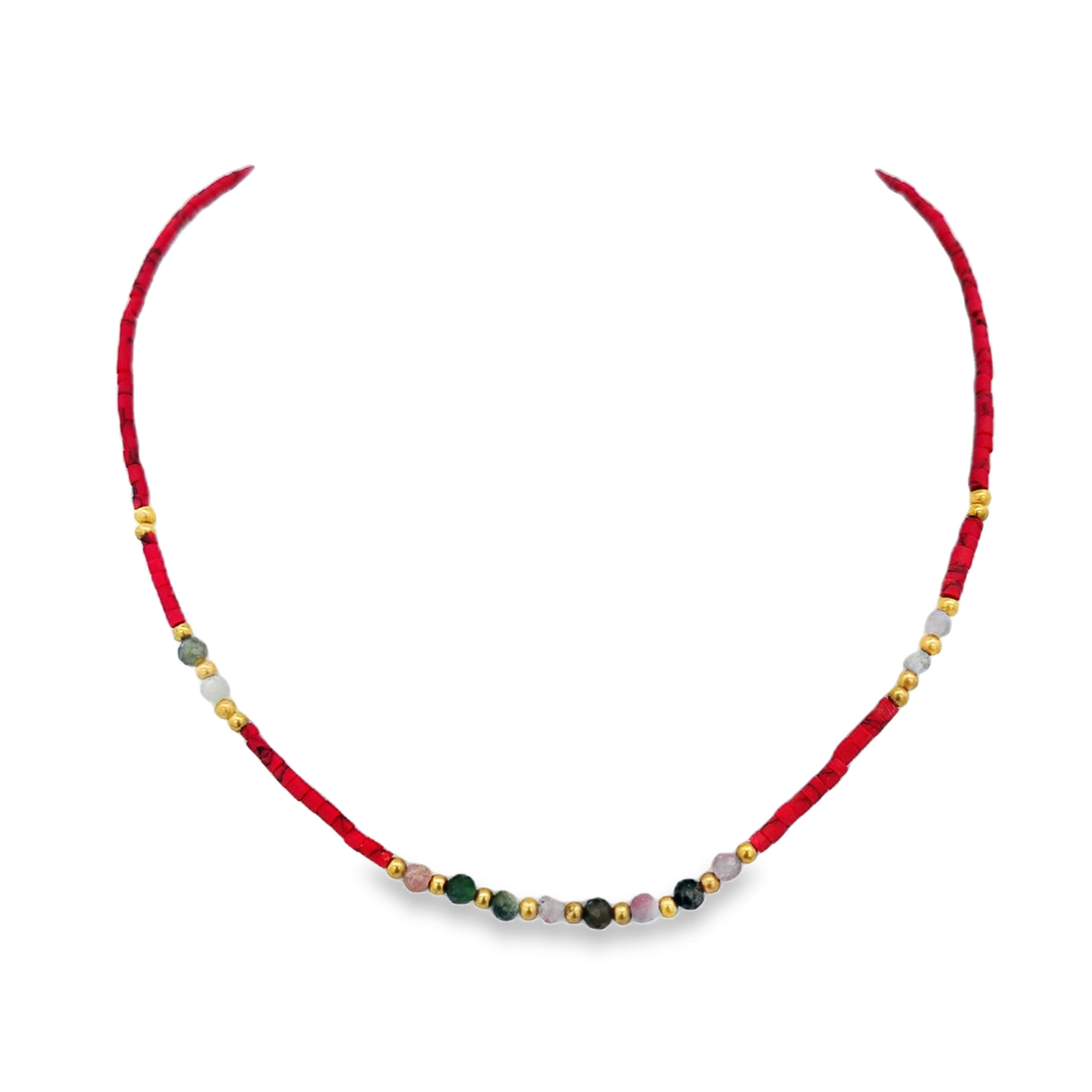 Red Coral Beaded Necklace with Multicolored Accents