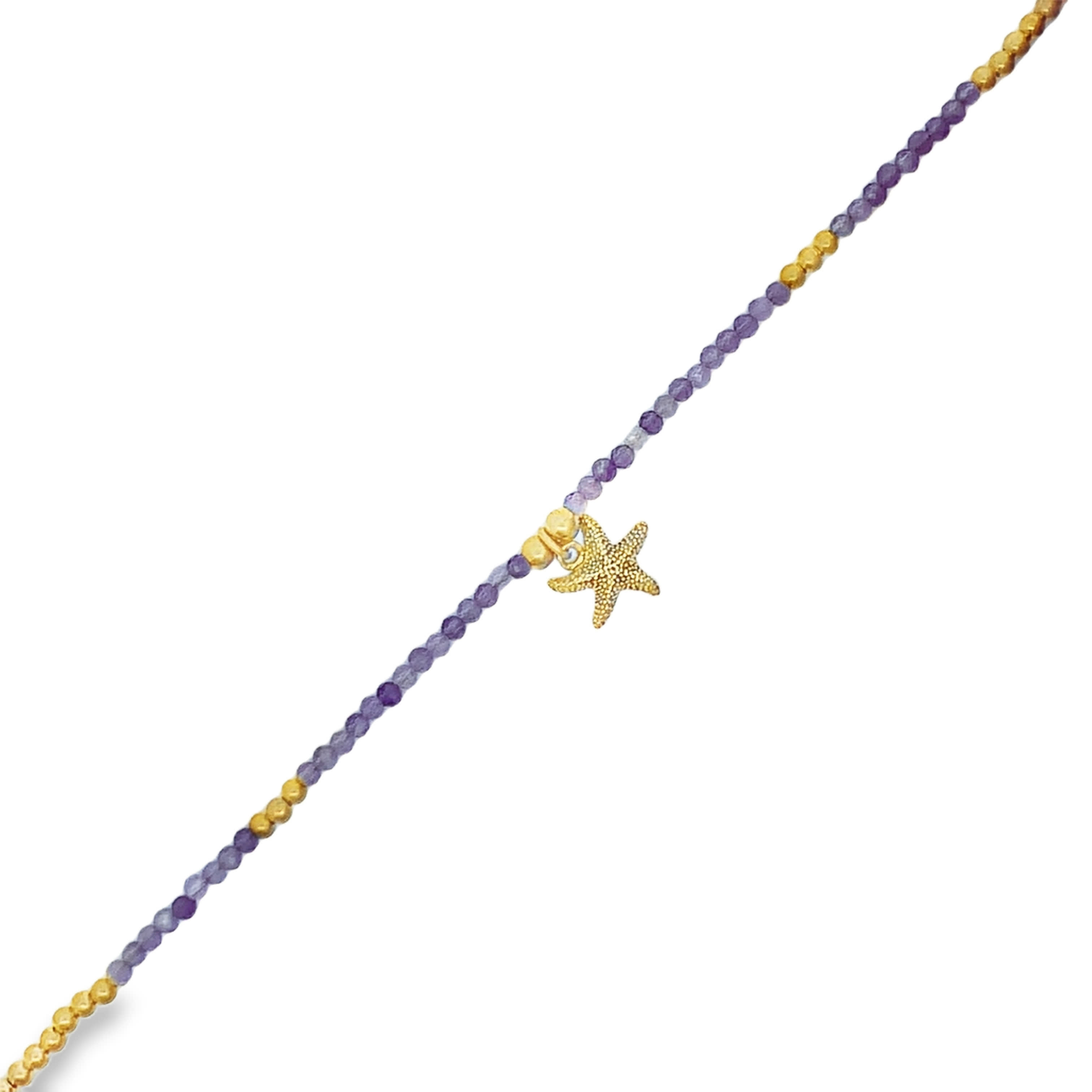 Yellow Gold Amethyst Beaded Starfish Charm Necklace