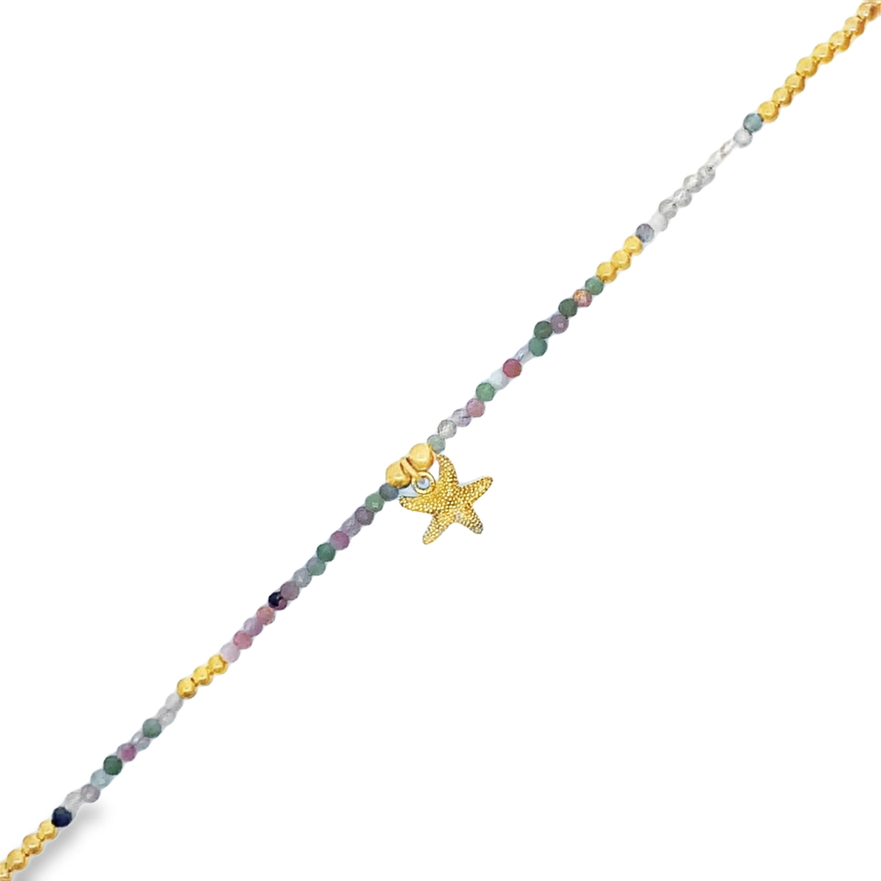Yellow Gold Amethyst Beaded Starfish Charm Necklace