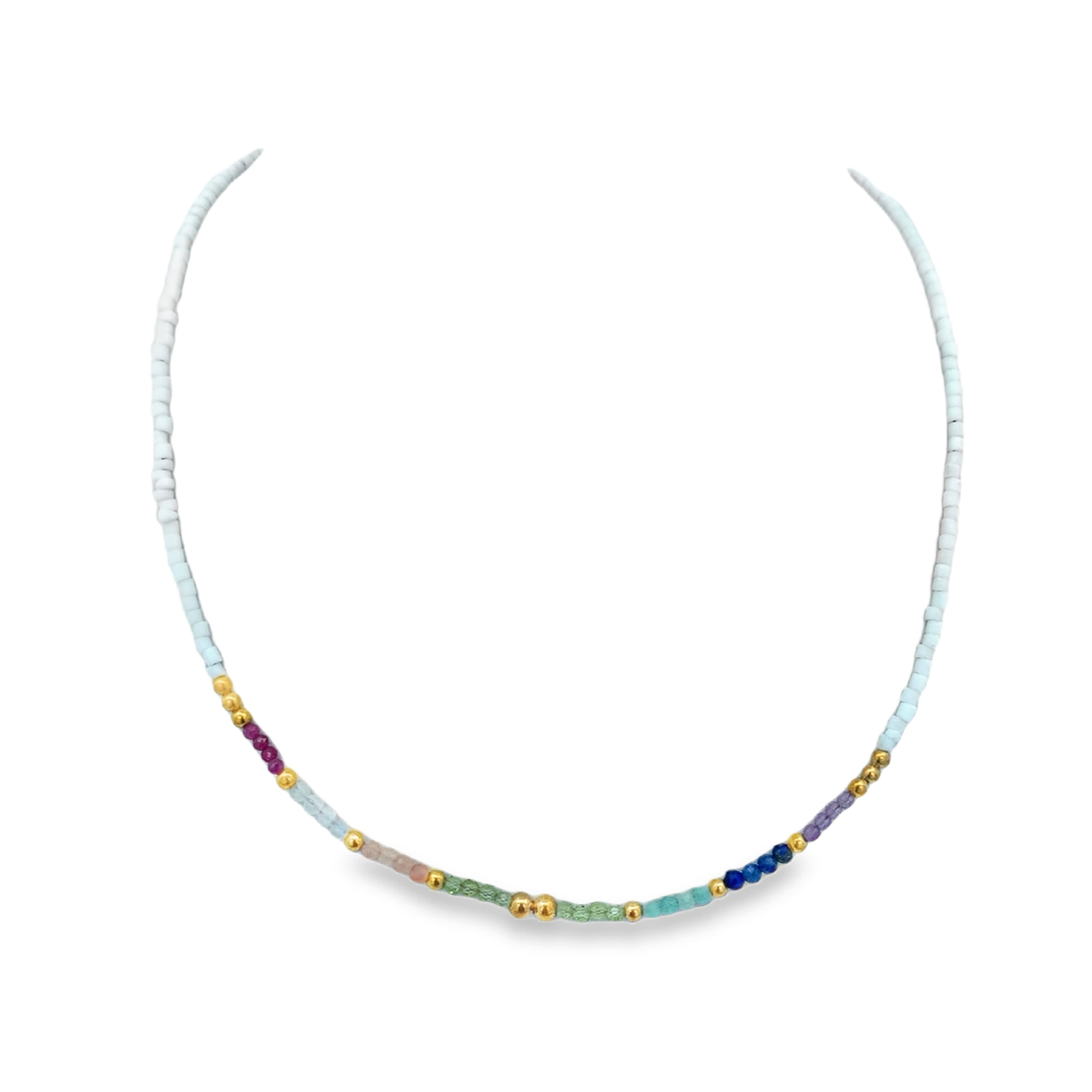Multi-Gemstone and White Bead Necklace with Yellow Gold Accents