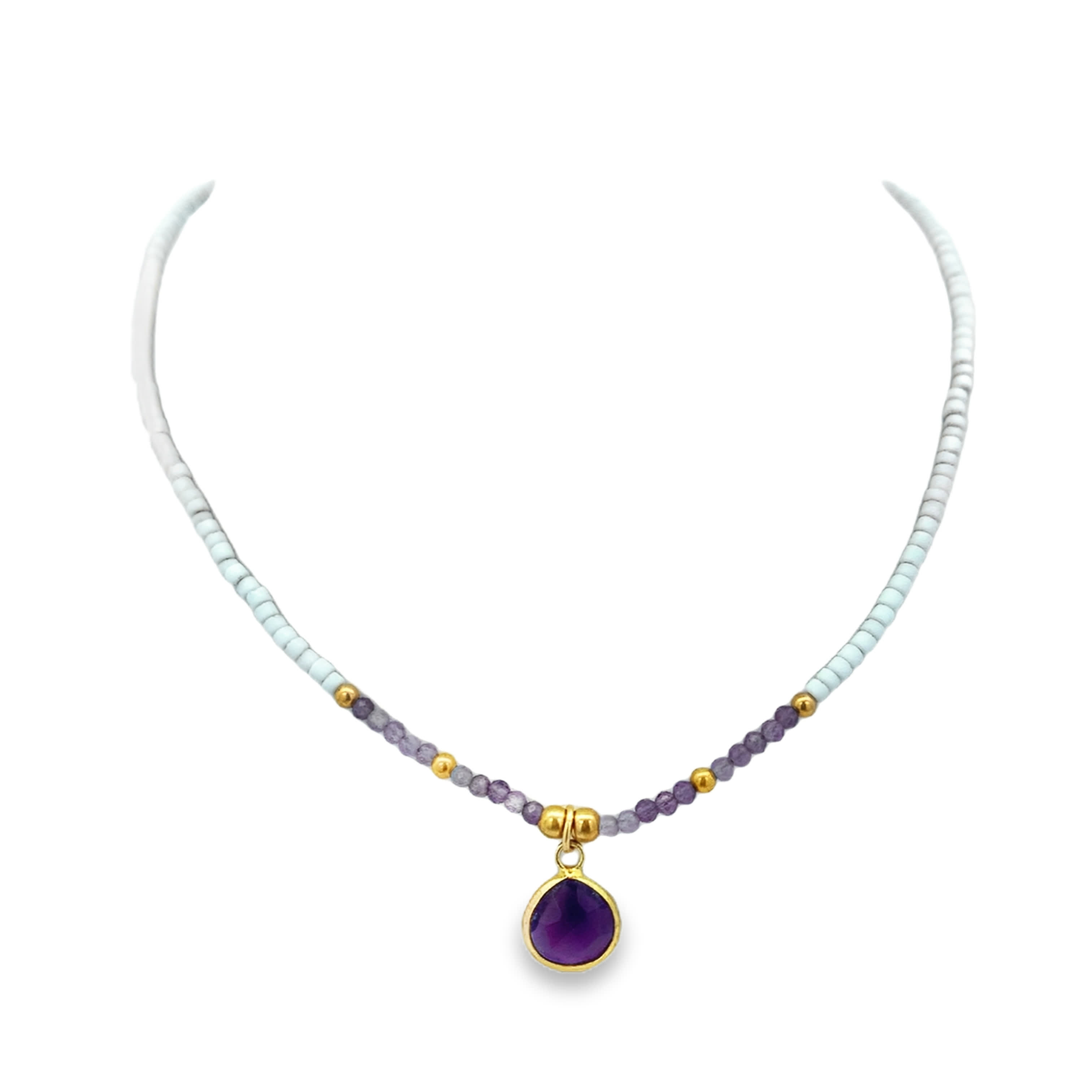 Amethyst Drop Beaded Necklace with Yellow Gold Accents