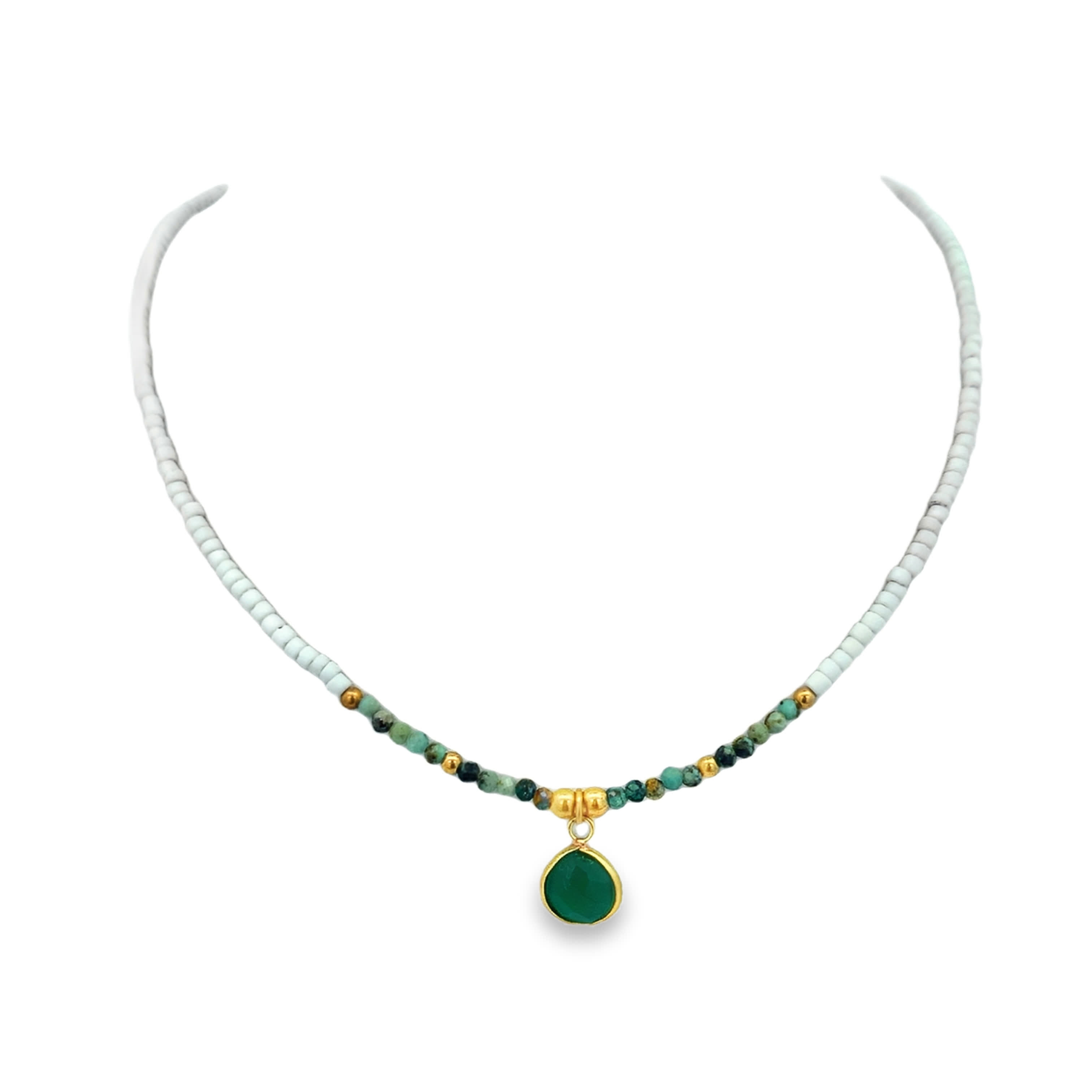 Green Agate Pendant Beaded Necklace in Yellow Gold