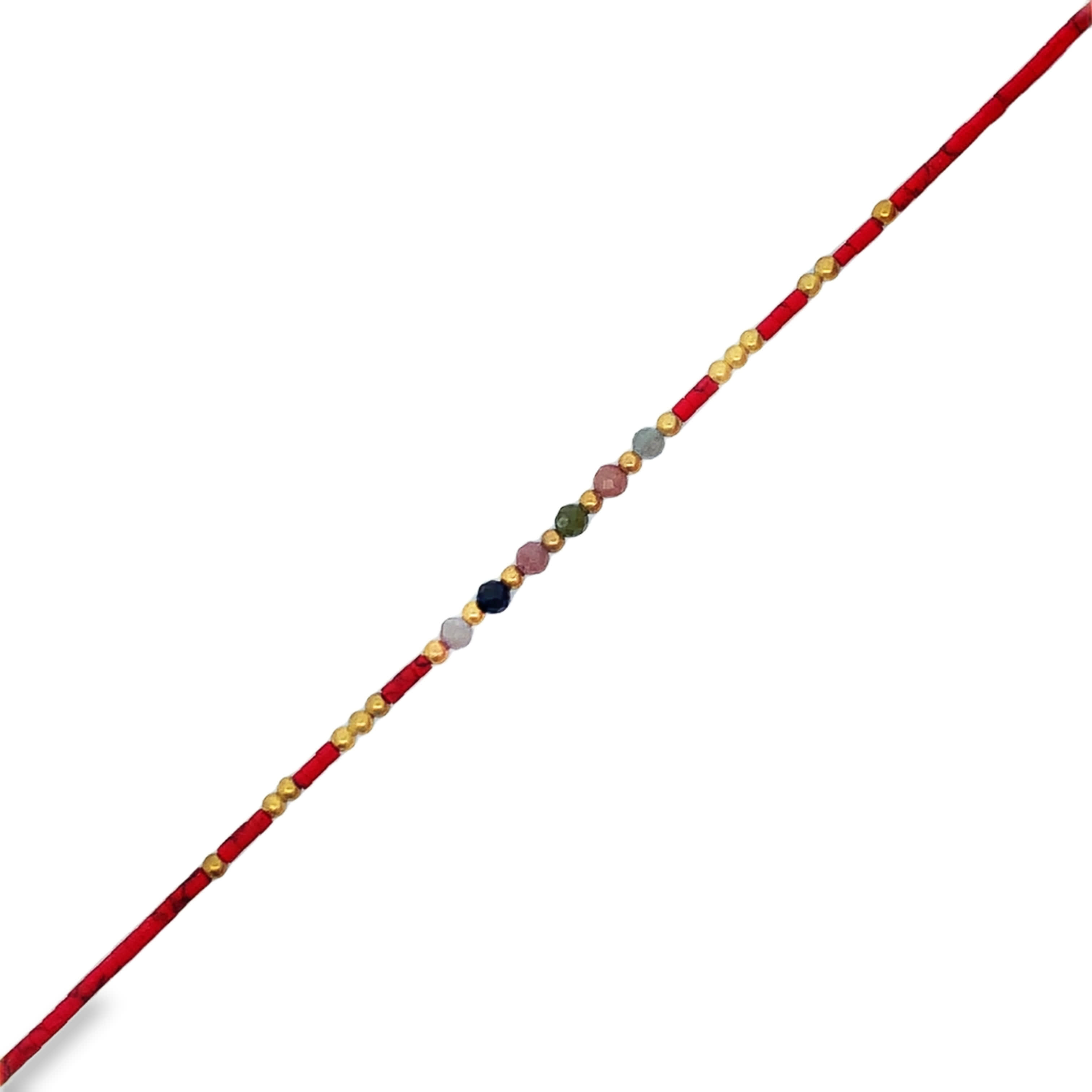 Beaded Tourmaline Bracelet with Red Cord and Gold Accents