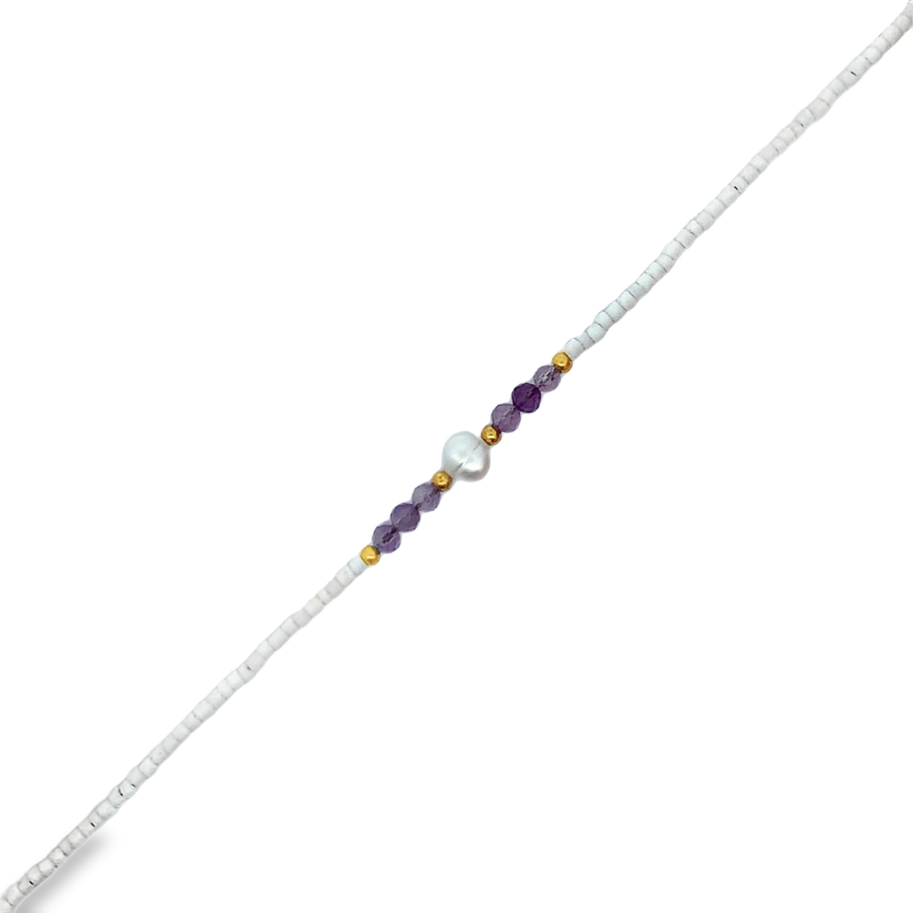 Beaded Pearl and Amethyst Necklace with White Seed Beads