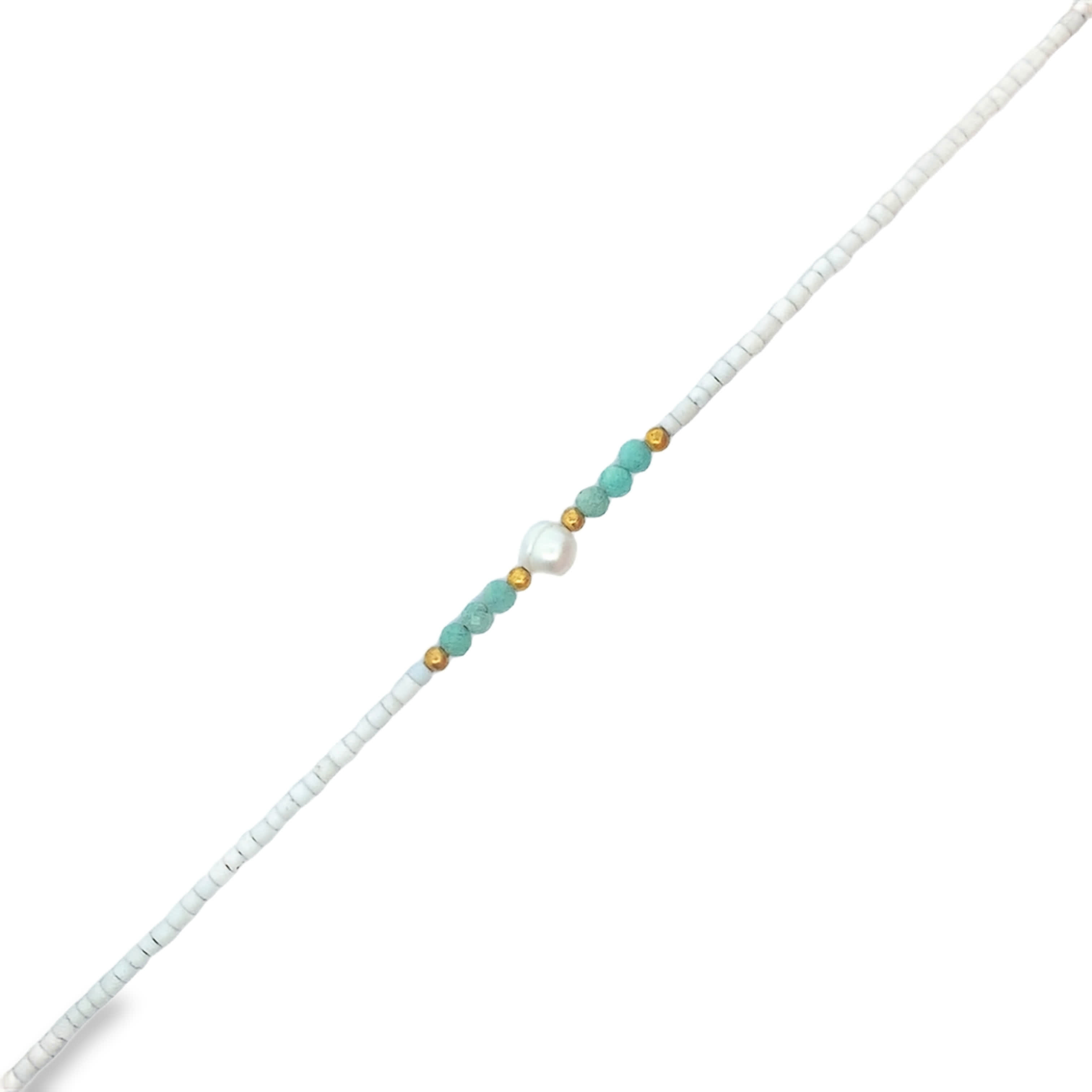 Pearl and Turquoise Beaded Bracelet with Golden Accents