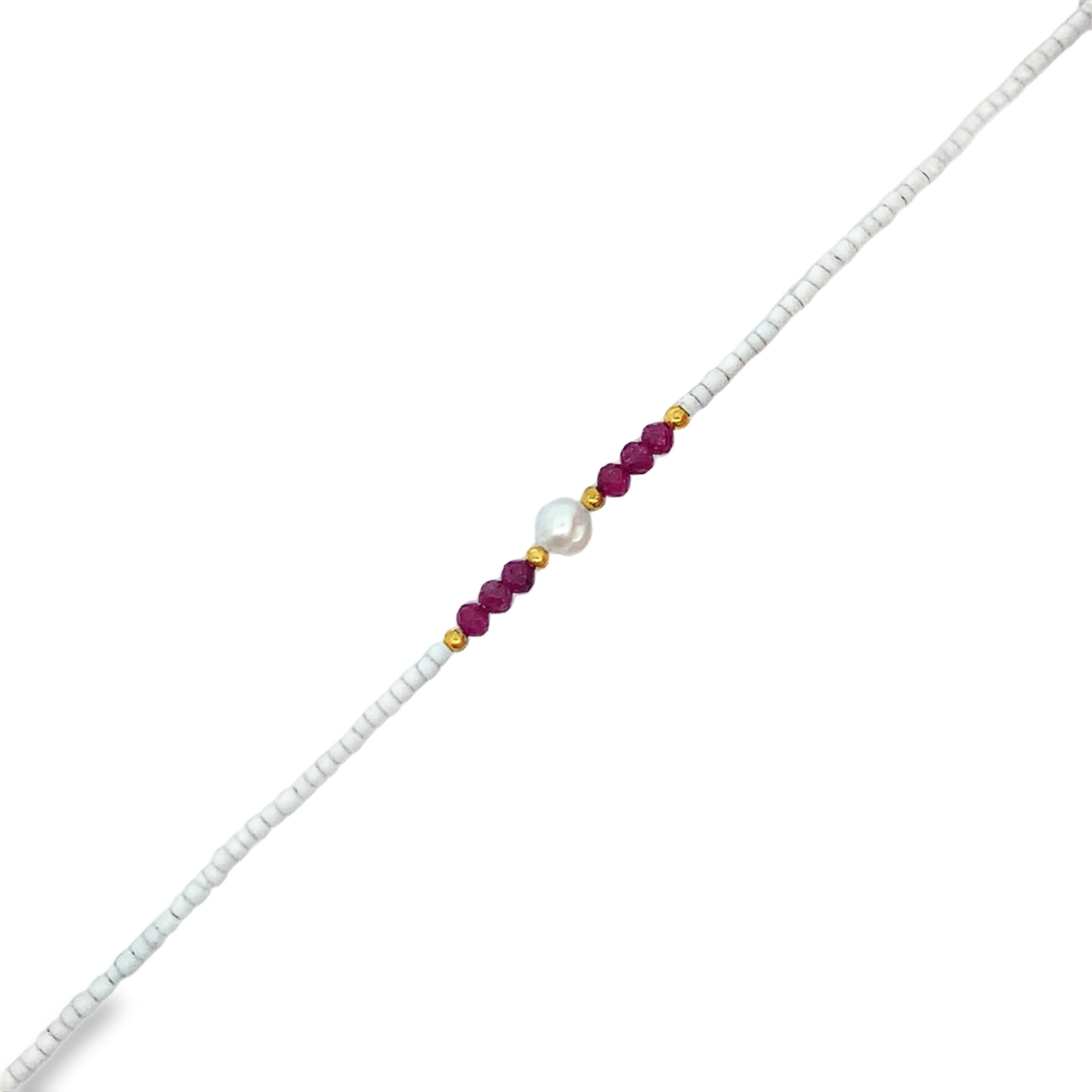 Pearl and Magenta Beaded Bracelet with Golden Accents