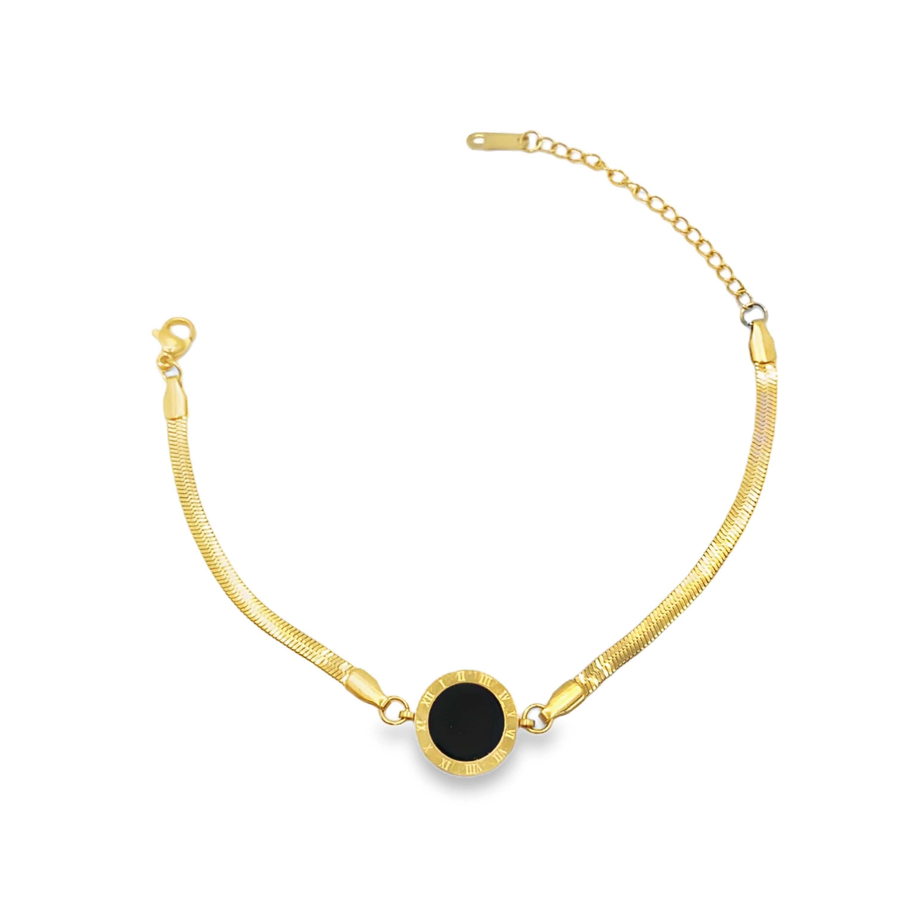 Bransoletka z żółtego złota w jodełkę z łańcuszkiem i cyframi rzymskimi