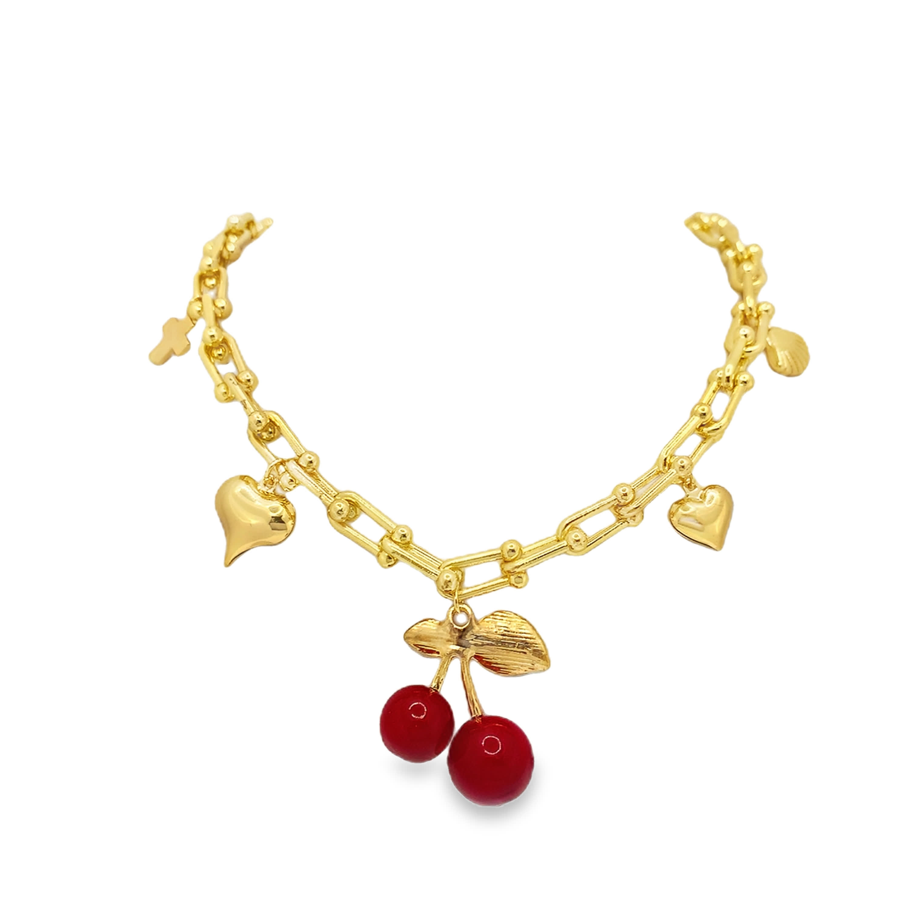 Naszyjnik z zawieszkami z metalu z wiśnią i sercem