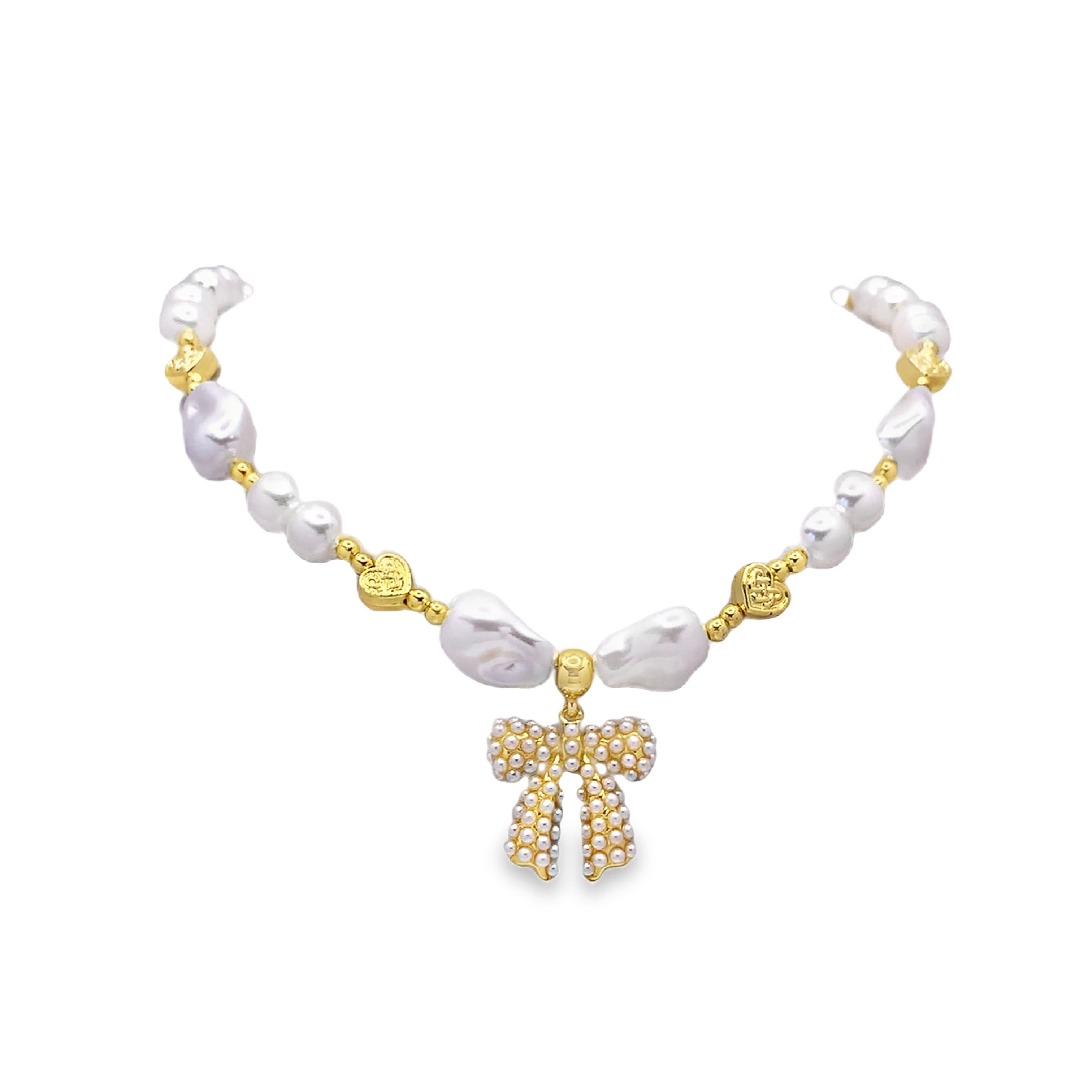 Naszyjnik z perłami barokowymi z zawieszką kokardą z metalu