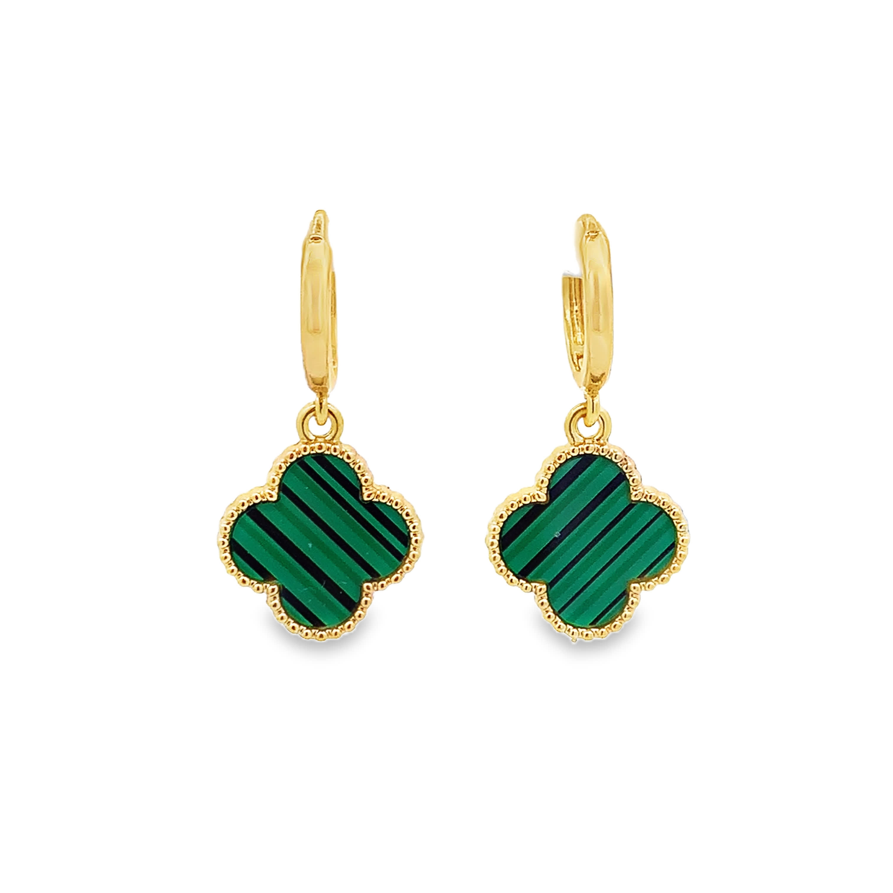 Yellow Gold Dangle Earrings with Round Cabochon Malachite Gemstones