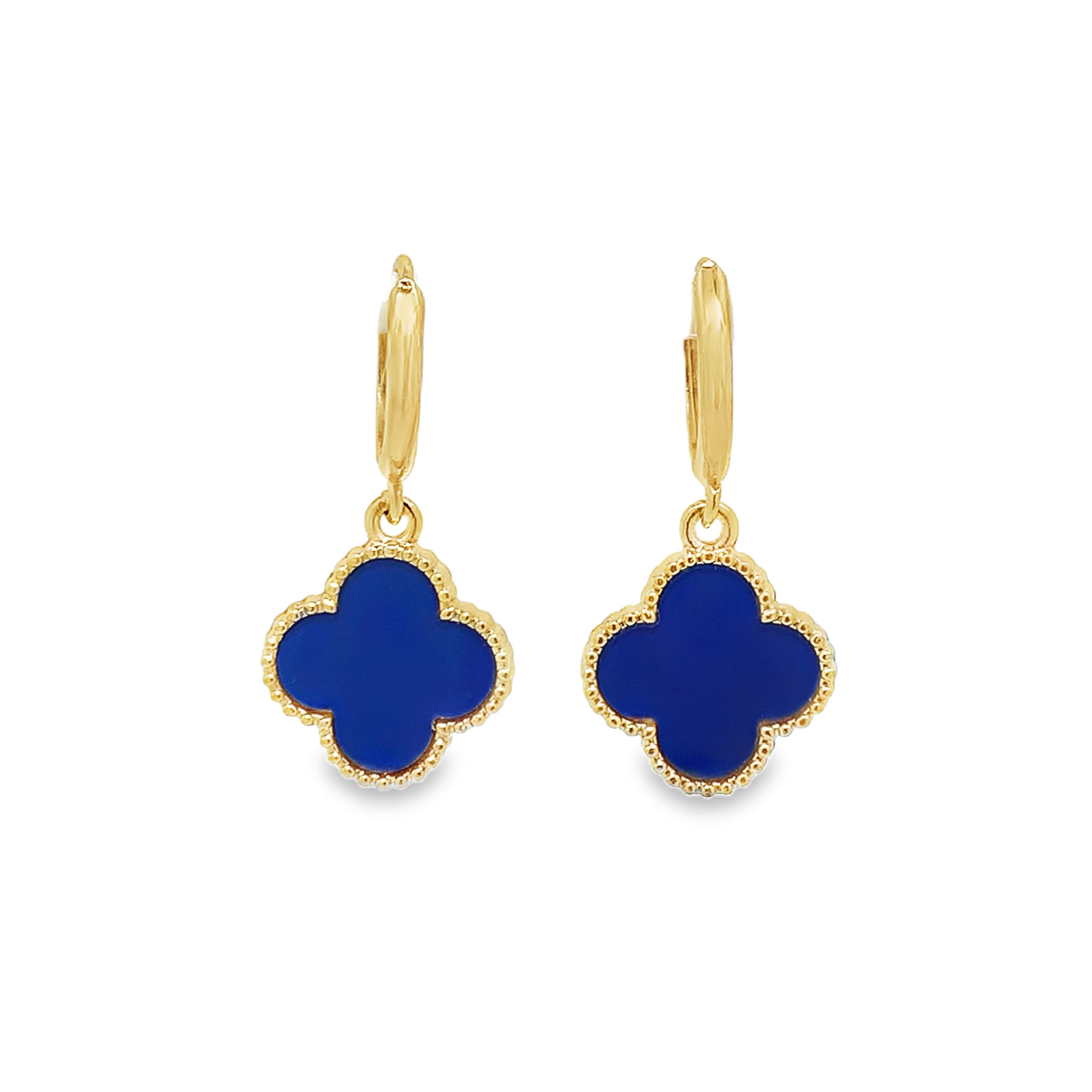 Yellow Gold Dangle Earrings with Lapis Lazuli Clover Cabochons