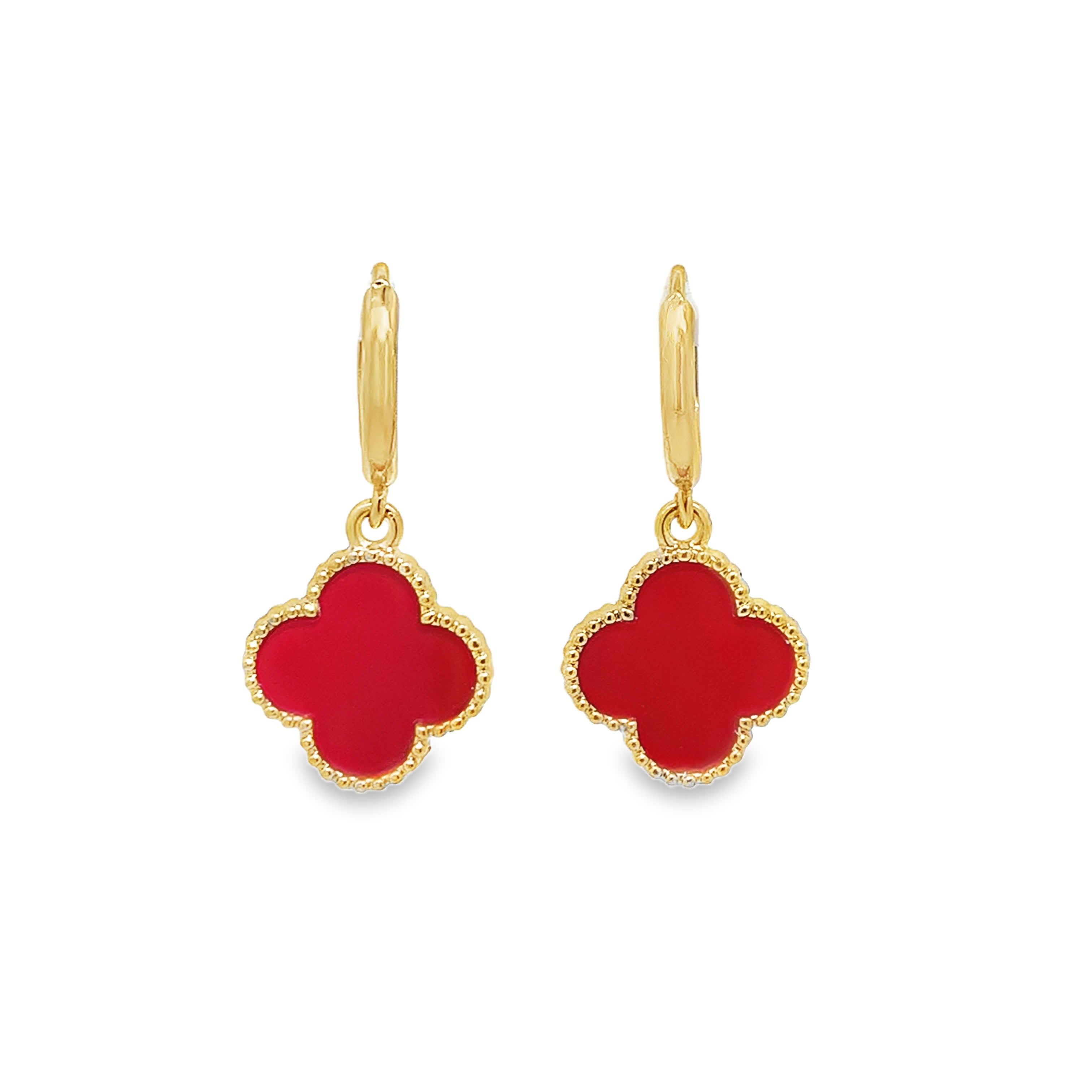 Yellow Gold Dangle Earrings with Red Coral Cabochons