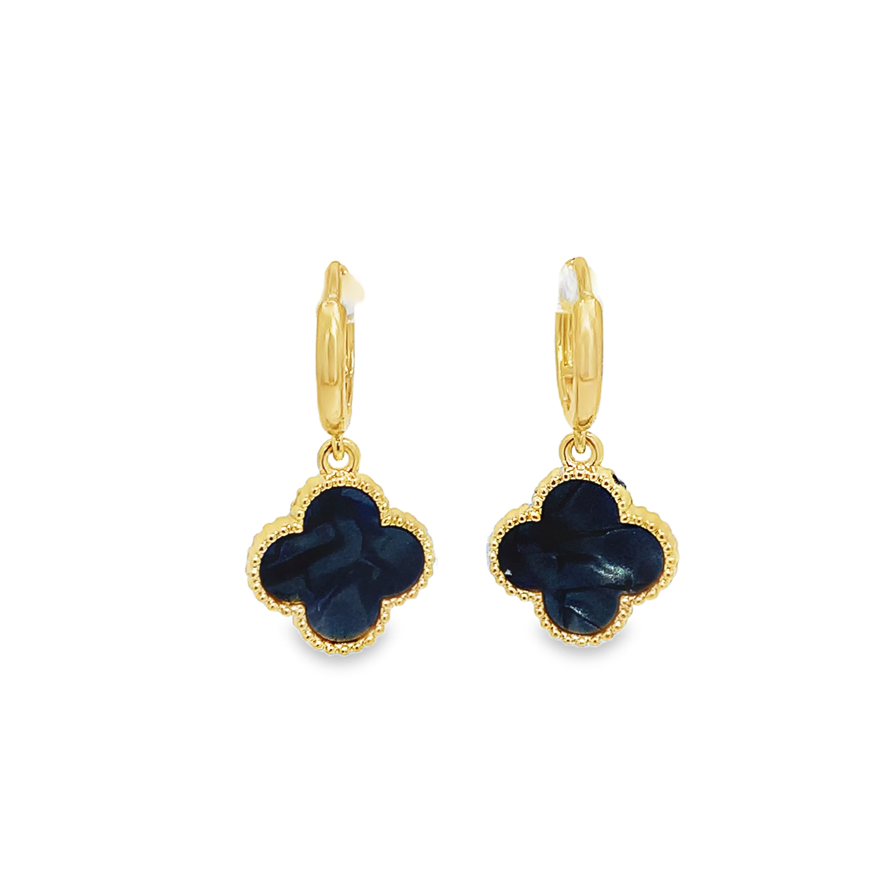Yellow Gold Dangle Earrings with Blue Onyx Clover Charms