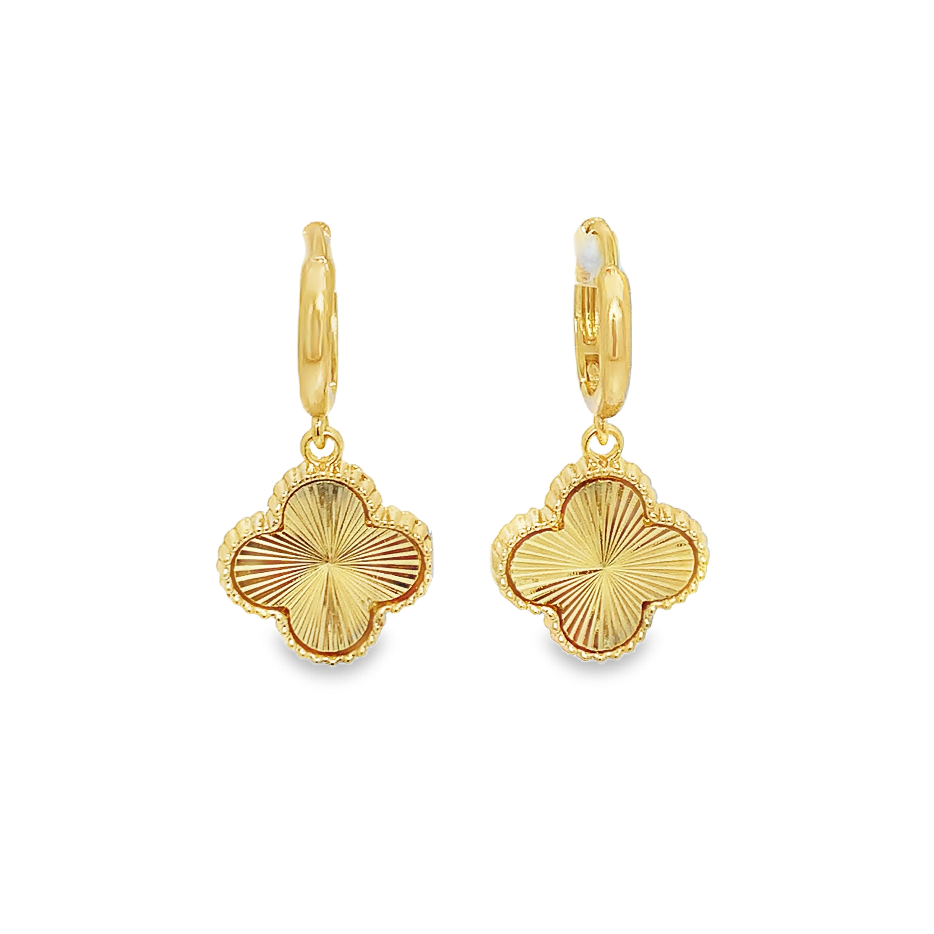 14k Yellow Gold Clover Drop Hoop Earrings