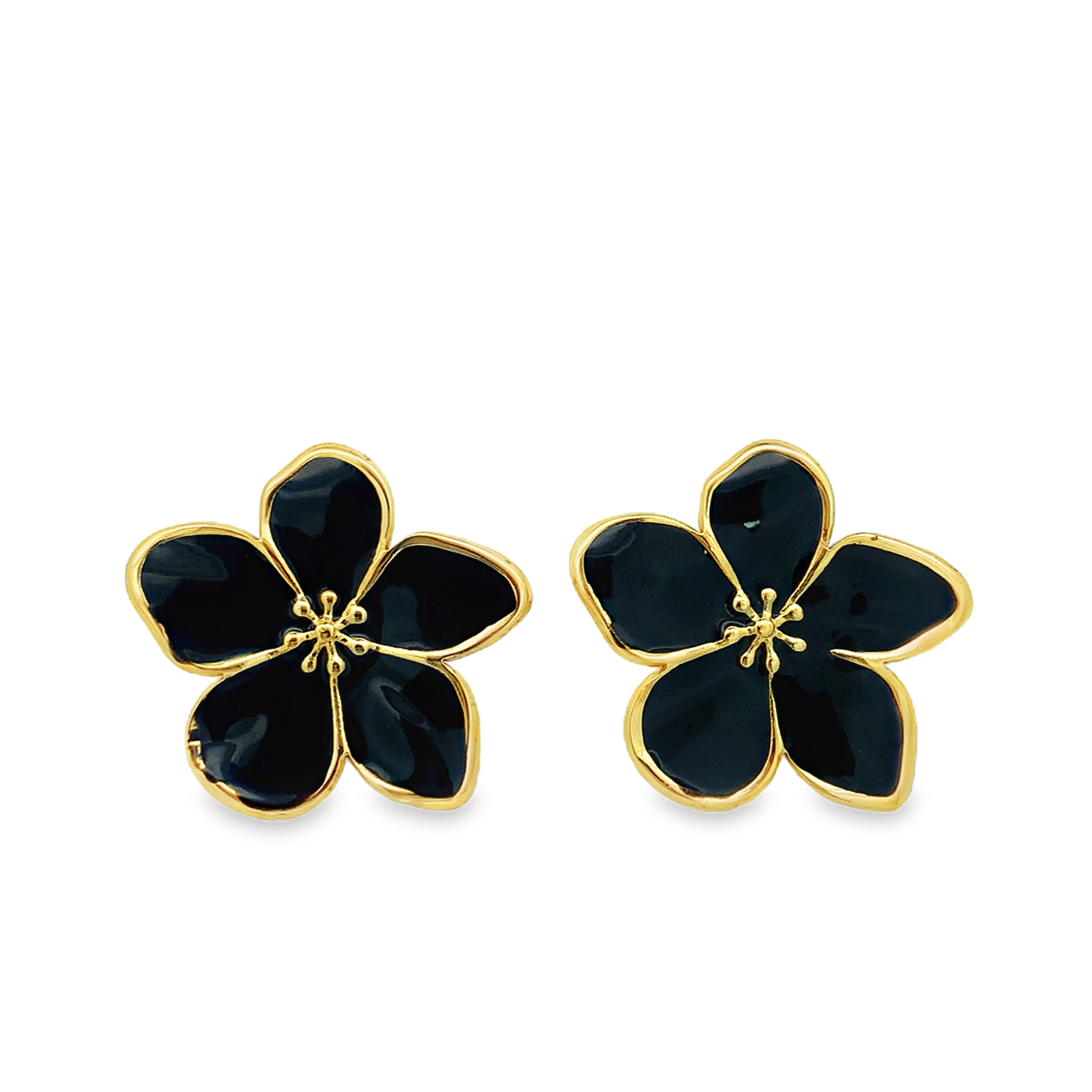 Vintage-Inspired Carved Black Onyx Floral Stud Earrings in Yellow Gold