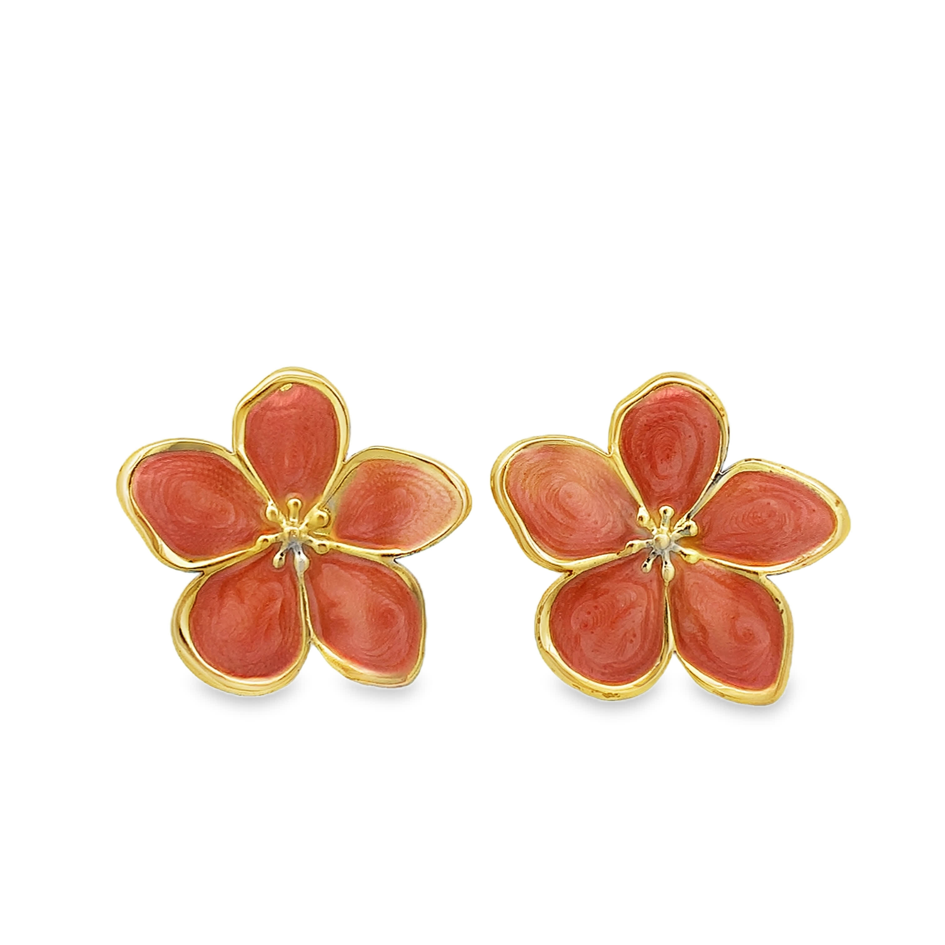Natural Reddish Orange Carved Coral Star Stud Earrings in Yellow Gold