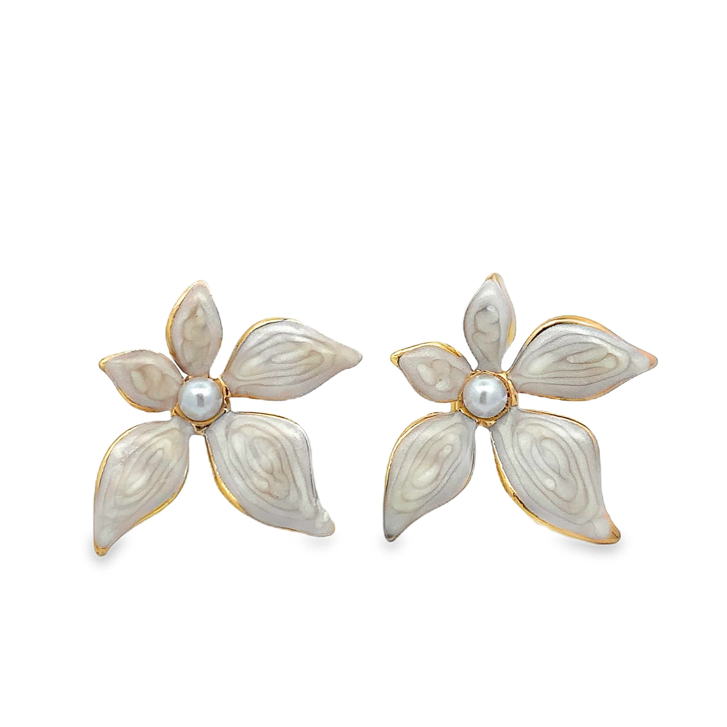 Classic Round White Pearl Stud Earrings in Polished Yellow Gold