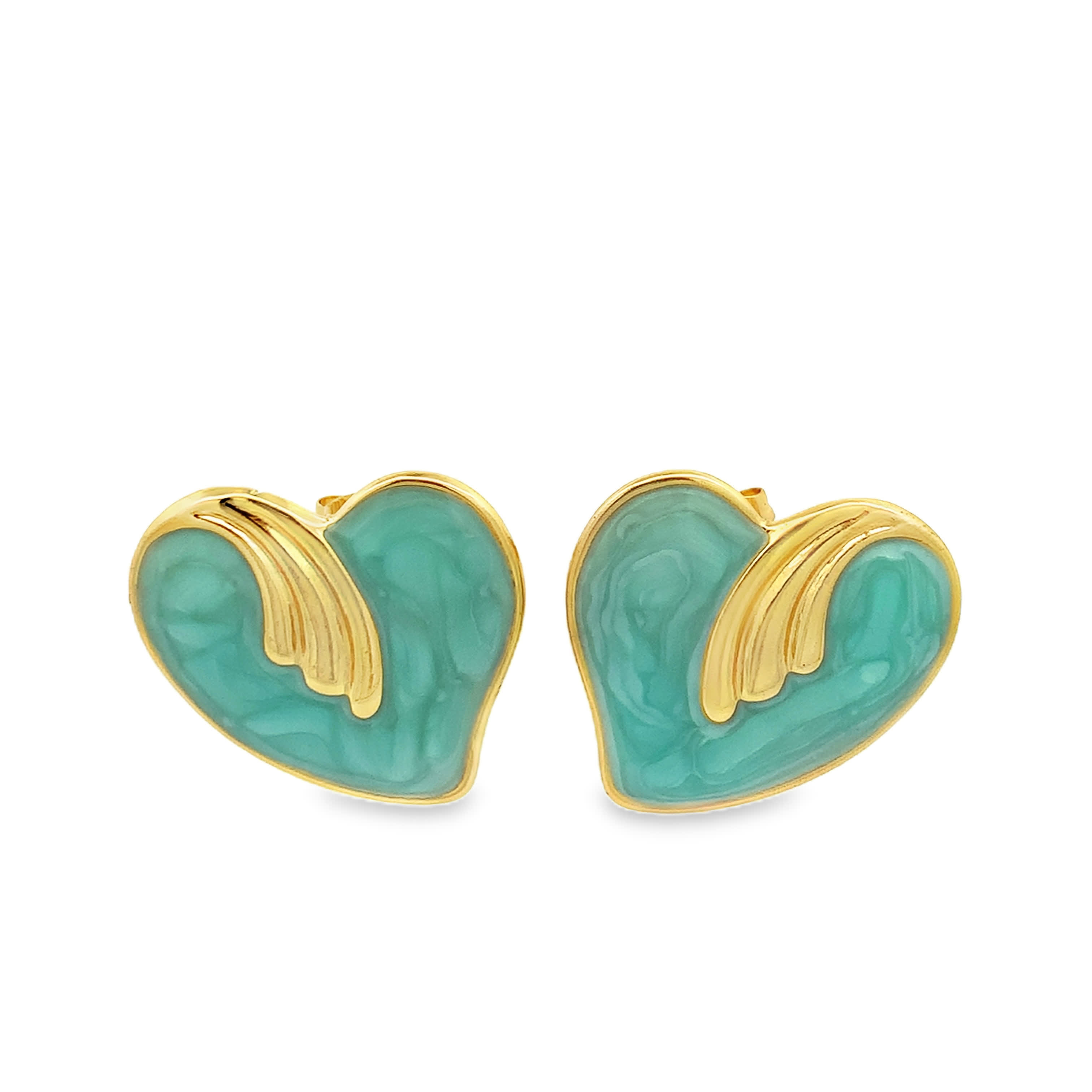 Pozłacane kolczyki sztyfty z zielono-niebieskim sercem z kamienia kaboszon