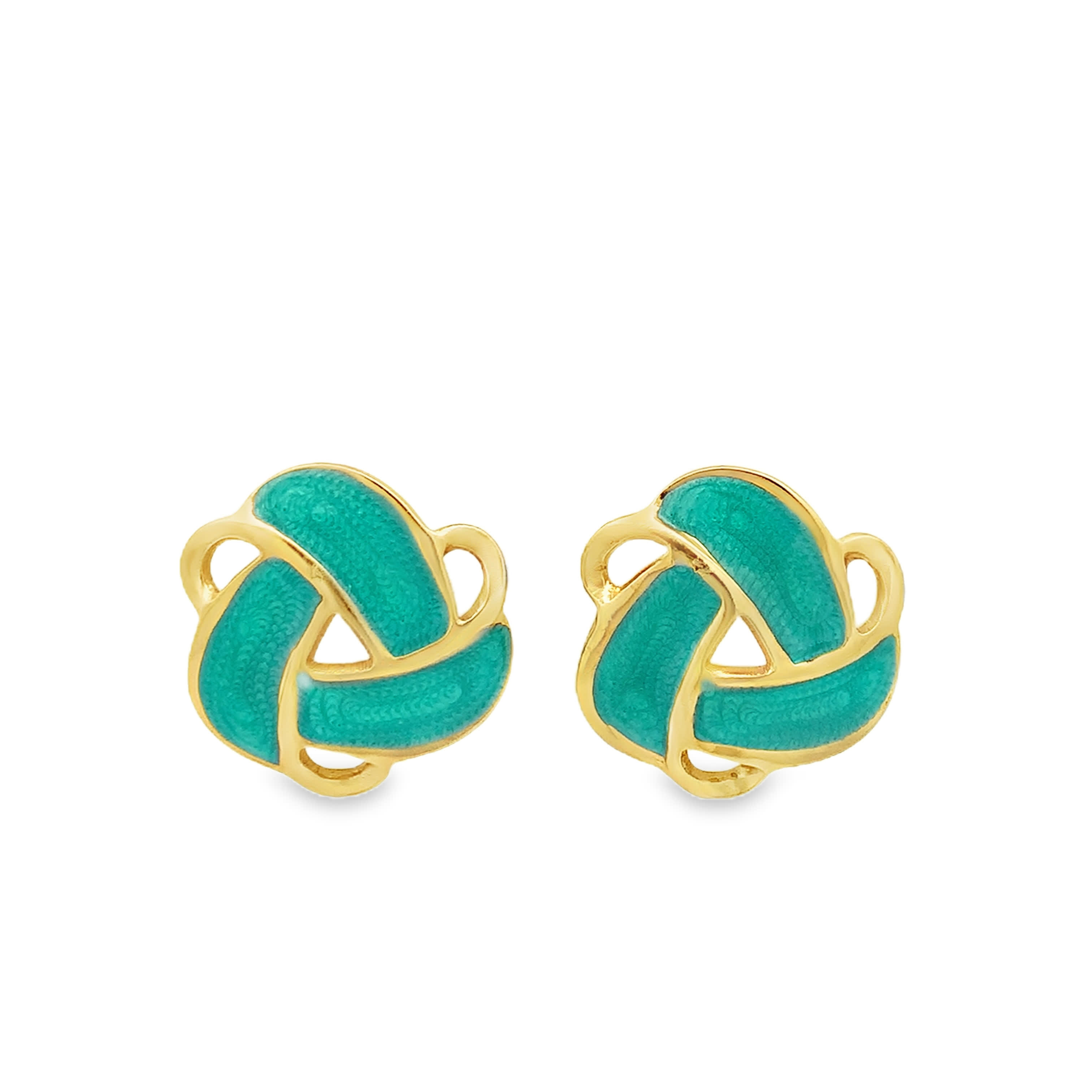 Natural Greenish Blue Carved Baroque Jade Stud Earrings in Yellow Gold