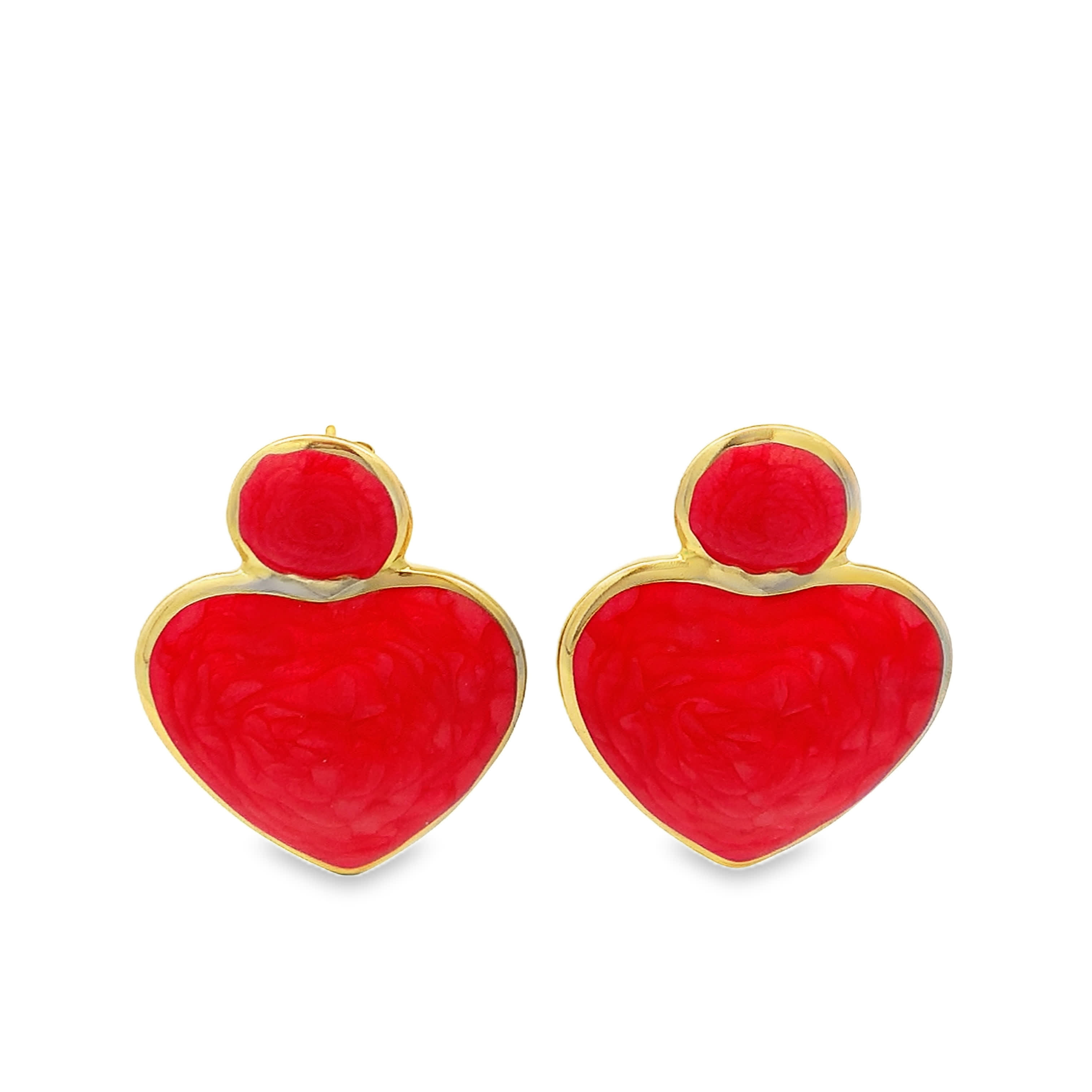 Heart Shaped Red Agate Yellow Gold Cabochon Stud Earrings