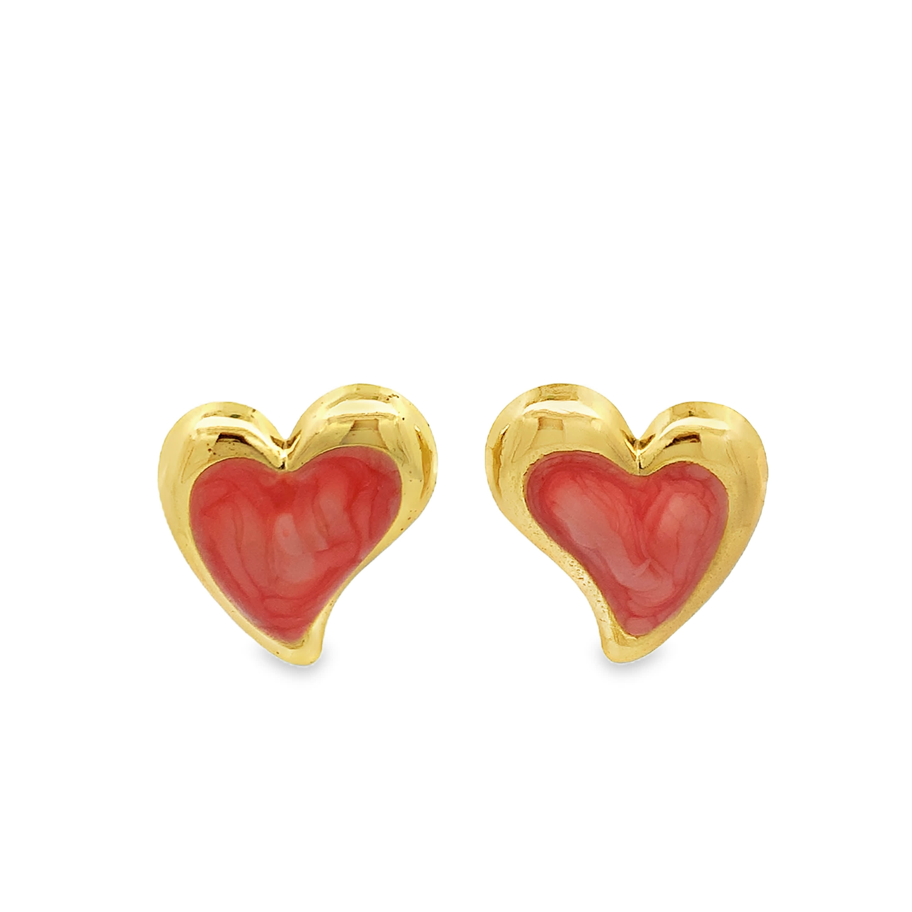 Heart-Shaped Red Coral Cabochon Stud Earrings in Yellow Gold