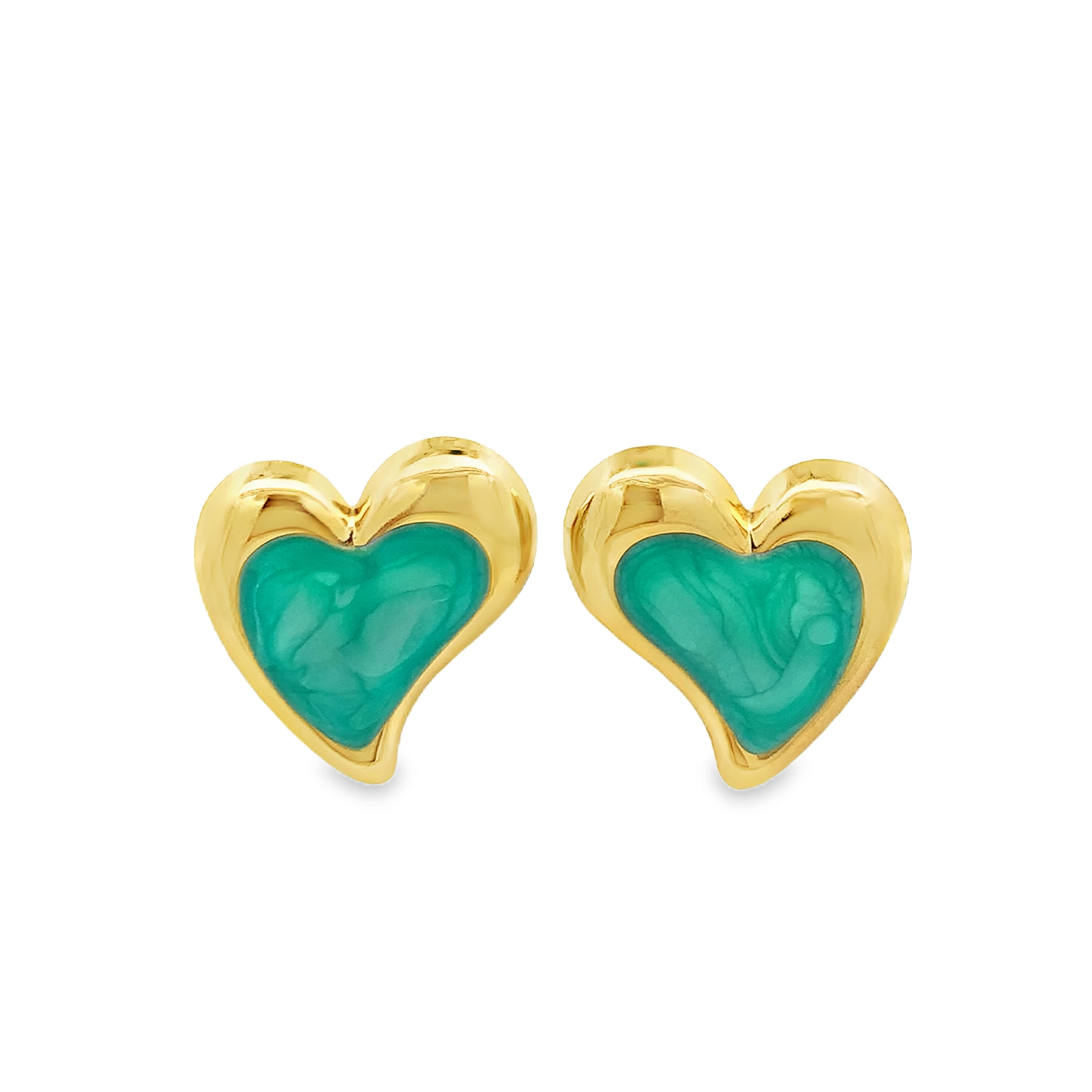 Heart Shaped Green Jade Cabochon Stud Earrings in Yellow Gold