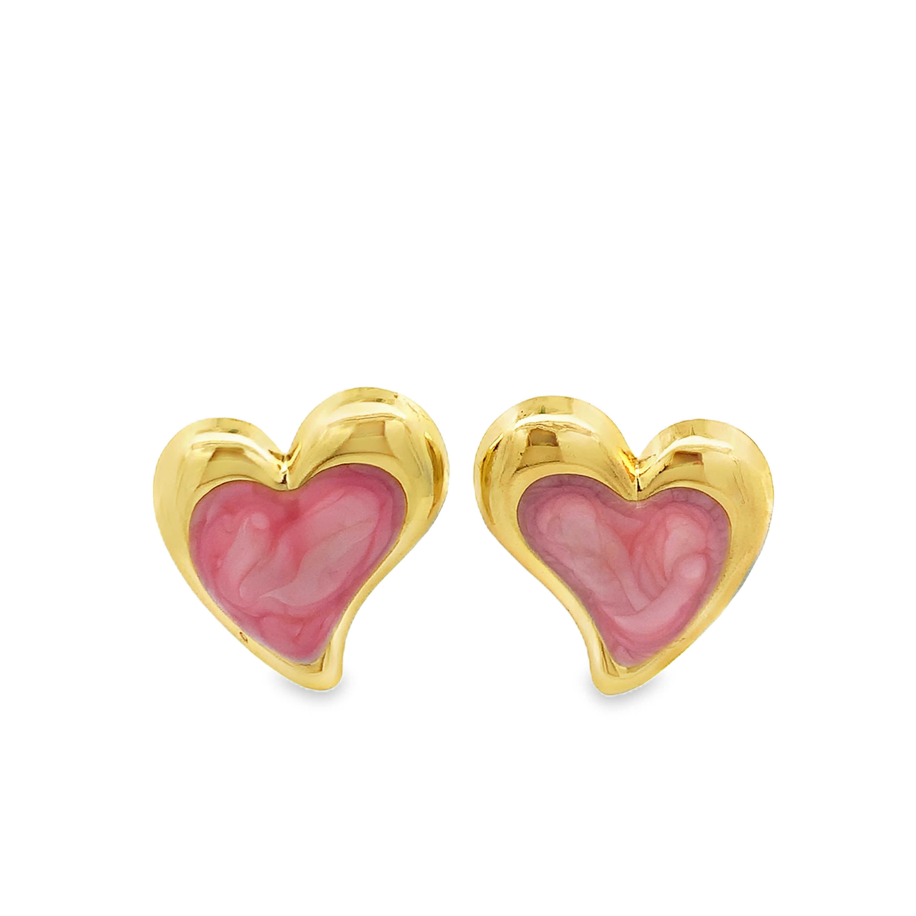 Heart Shaped Red Quartz Cabochon Stud Earrings in Yellow Gold