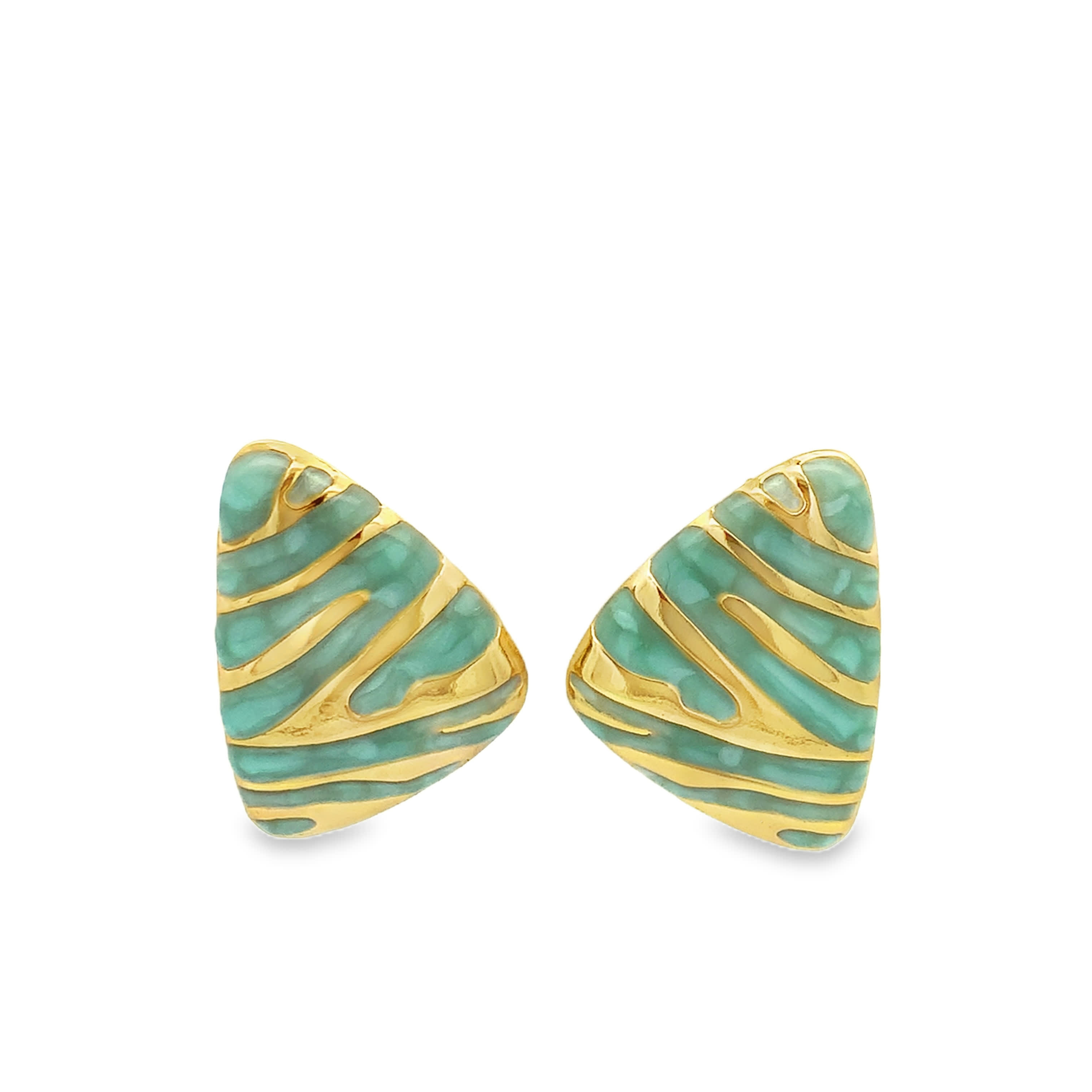 Natural Green Jade Trilliant-Cut Carved Stud Earrings in Yellow Gold