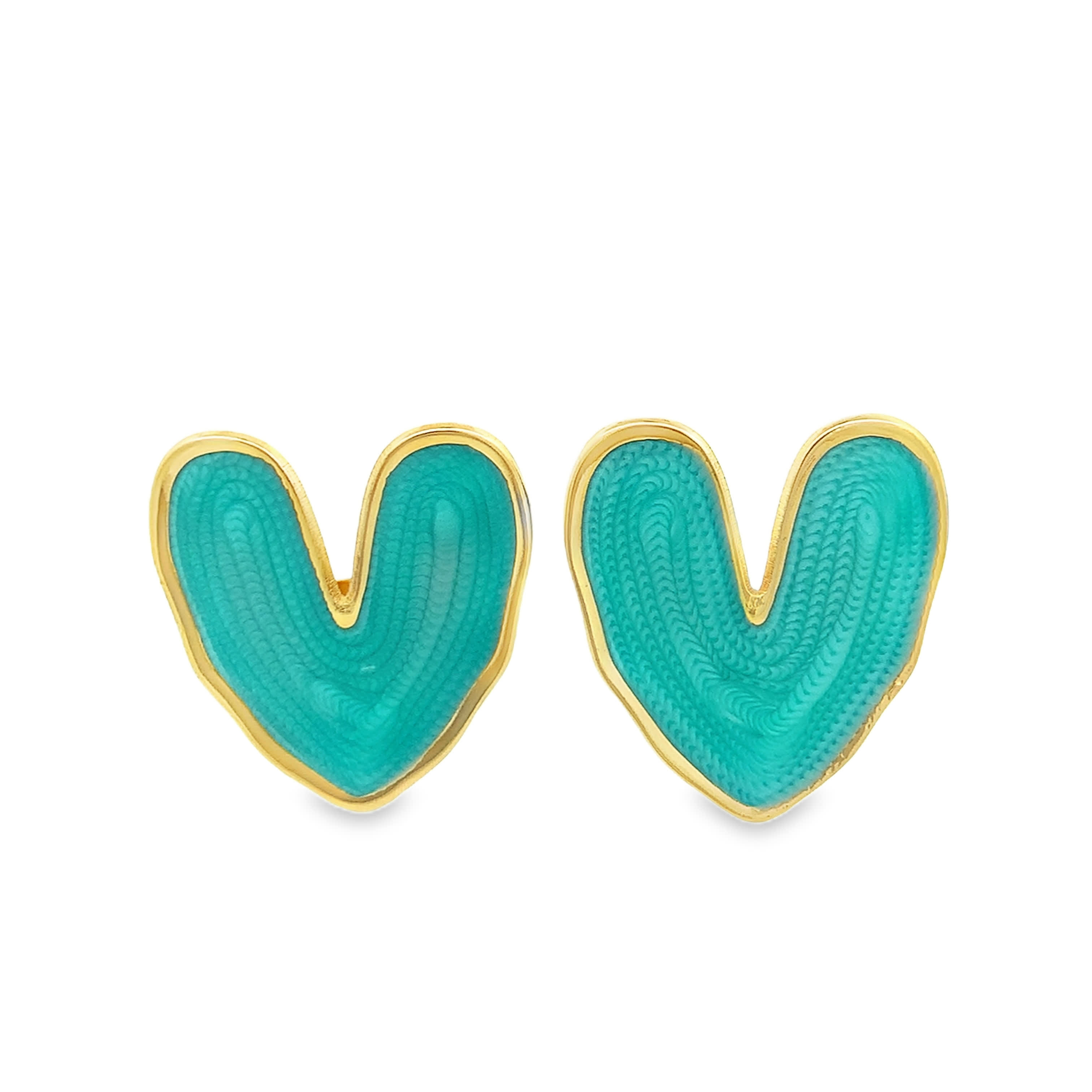 Heart-Carved Greenish-Blue Jade Stud Earrings in Yellow Gold