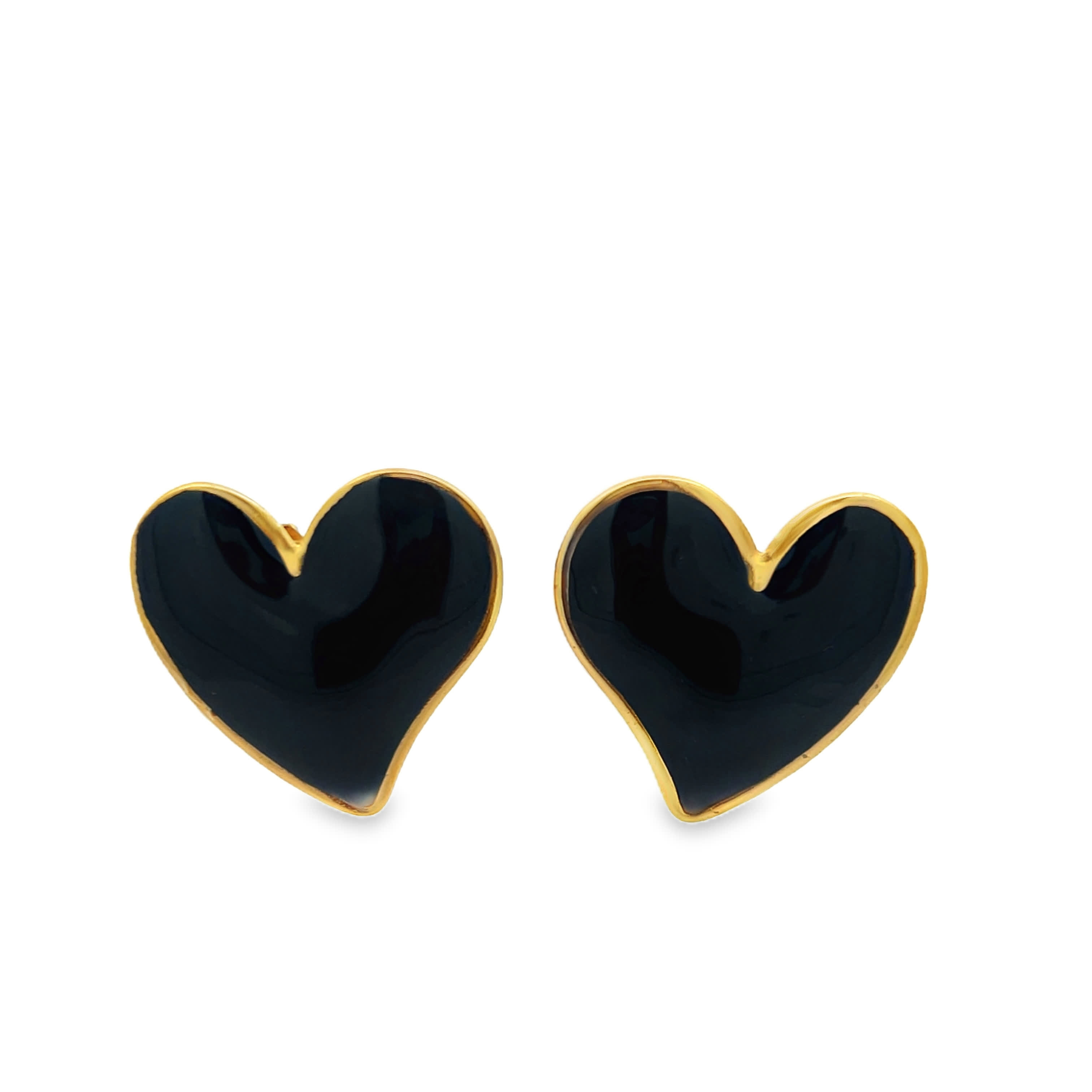 Heart Shaped Onyx Cabochon Stud Earrings in Yellow Gold
