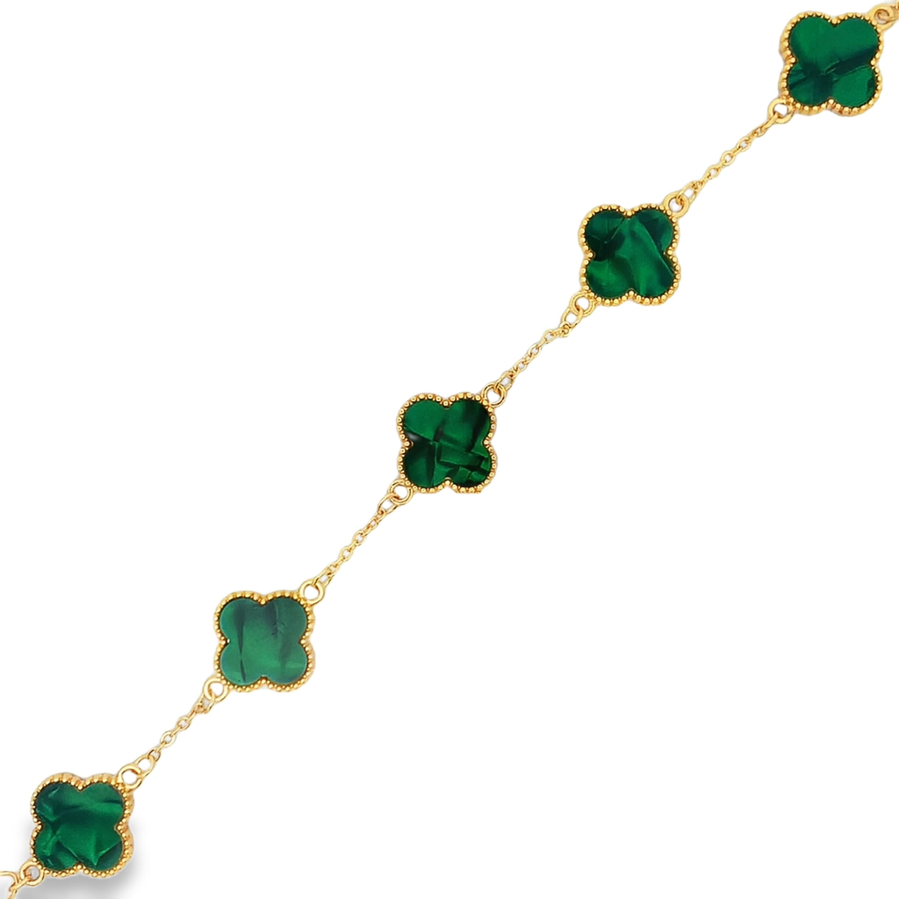 Vintage Style Yellow Gold Malachite Quatrefoil Chain Bracelet