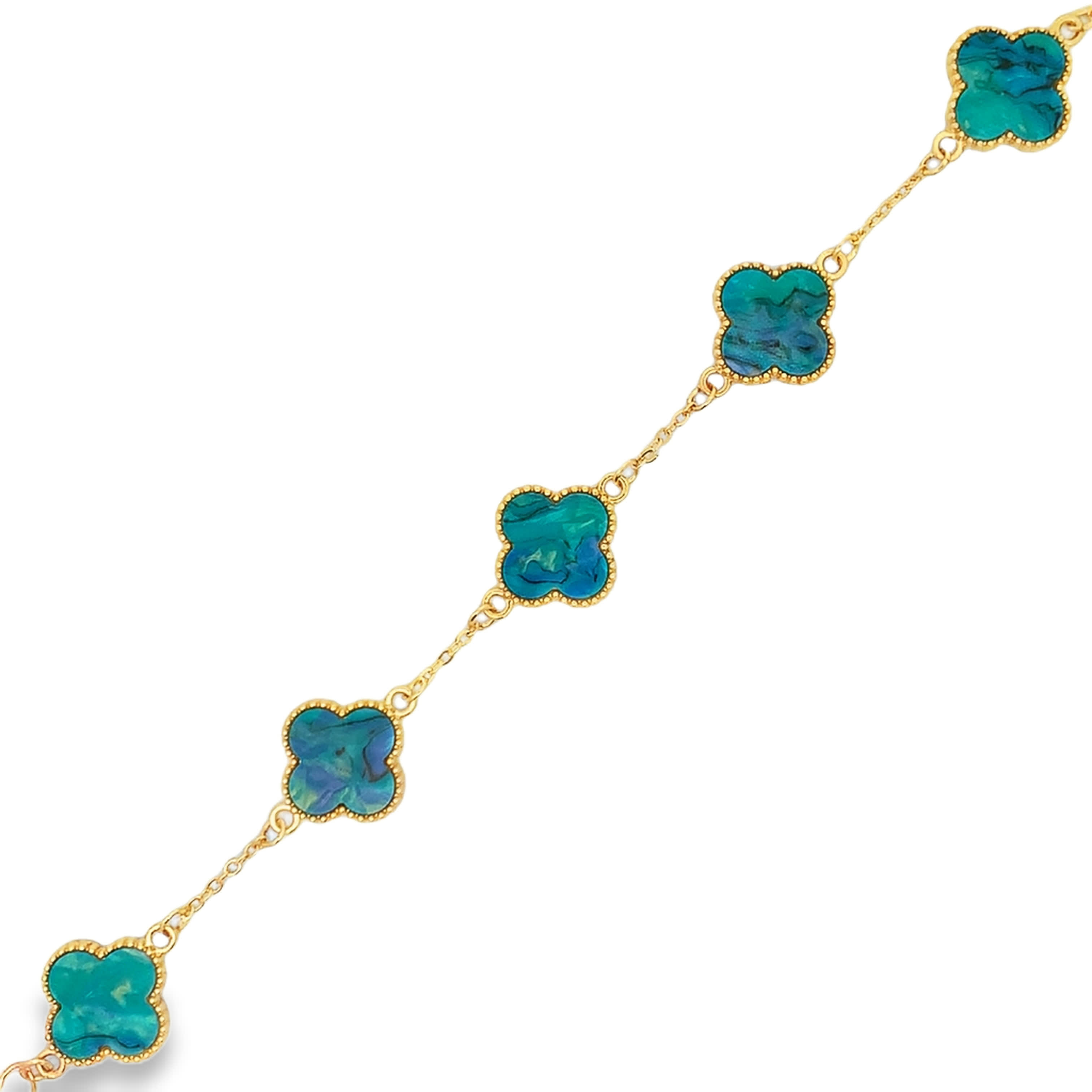 18k Yellow Gold Malachite Carved Clover Chain Bracelet