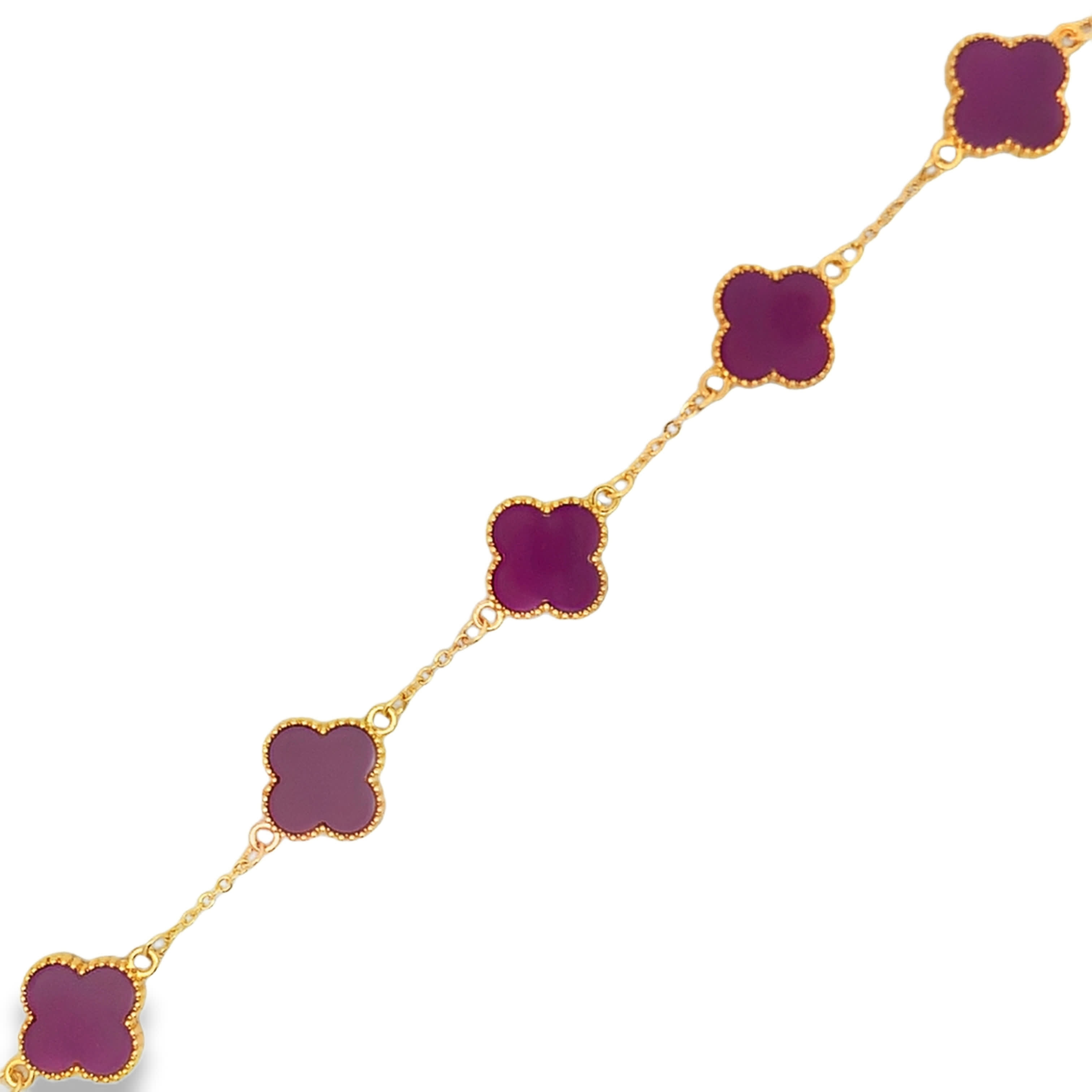 Star Shaped Reddish Purple Agate Cabochon Yellow Gold Chain Bracelet