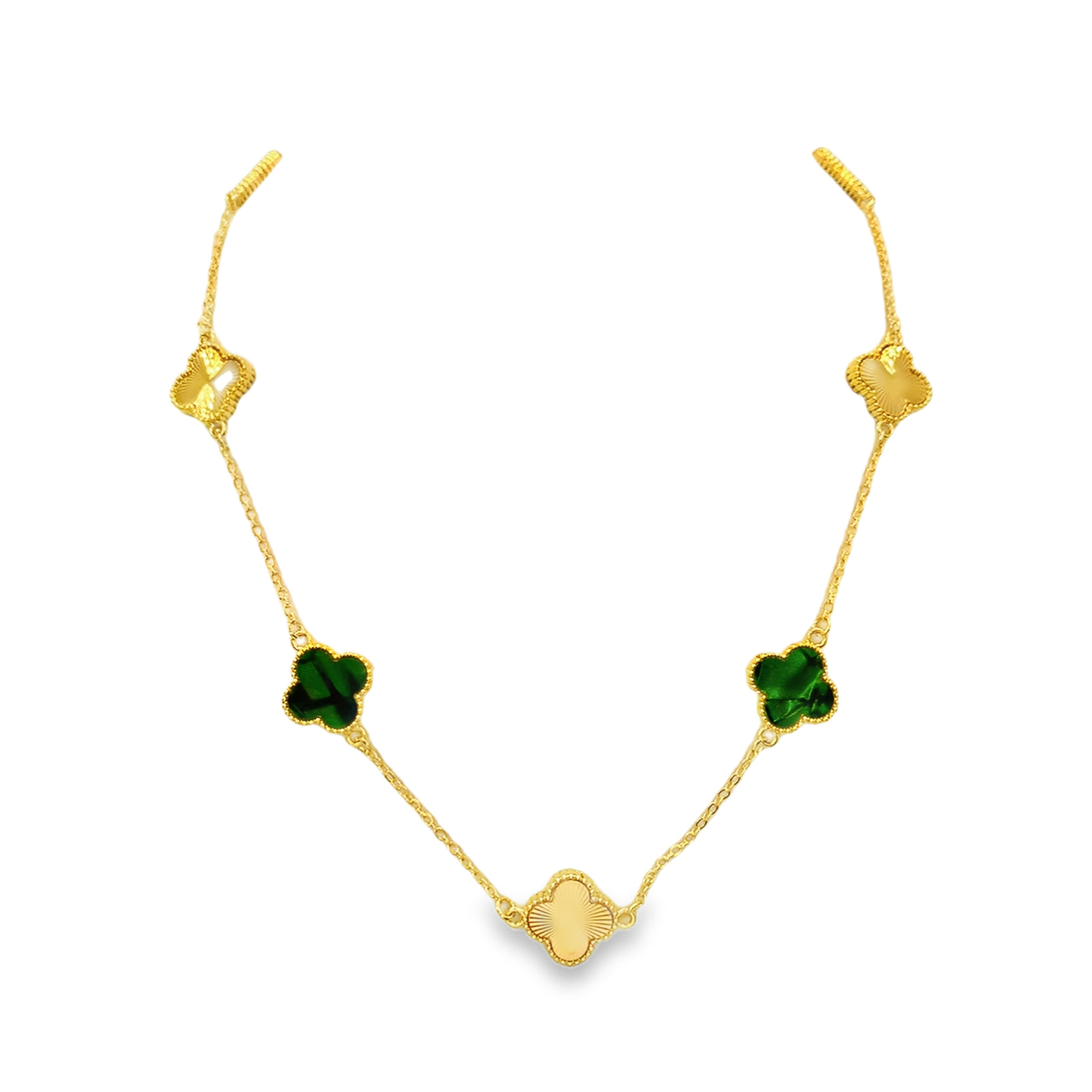 Yellow Gold Double Layered Necklace with Round Malachite Cabochon