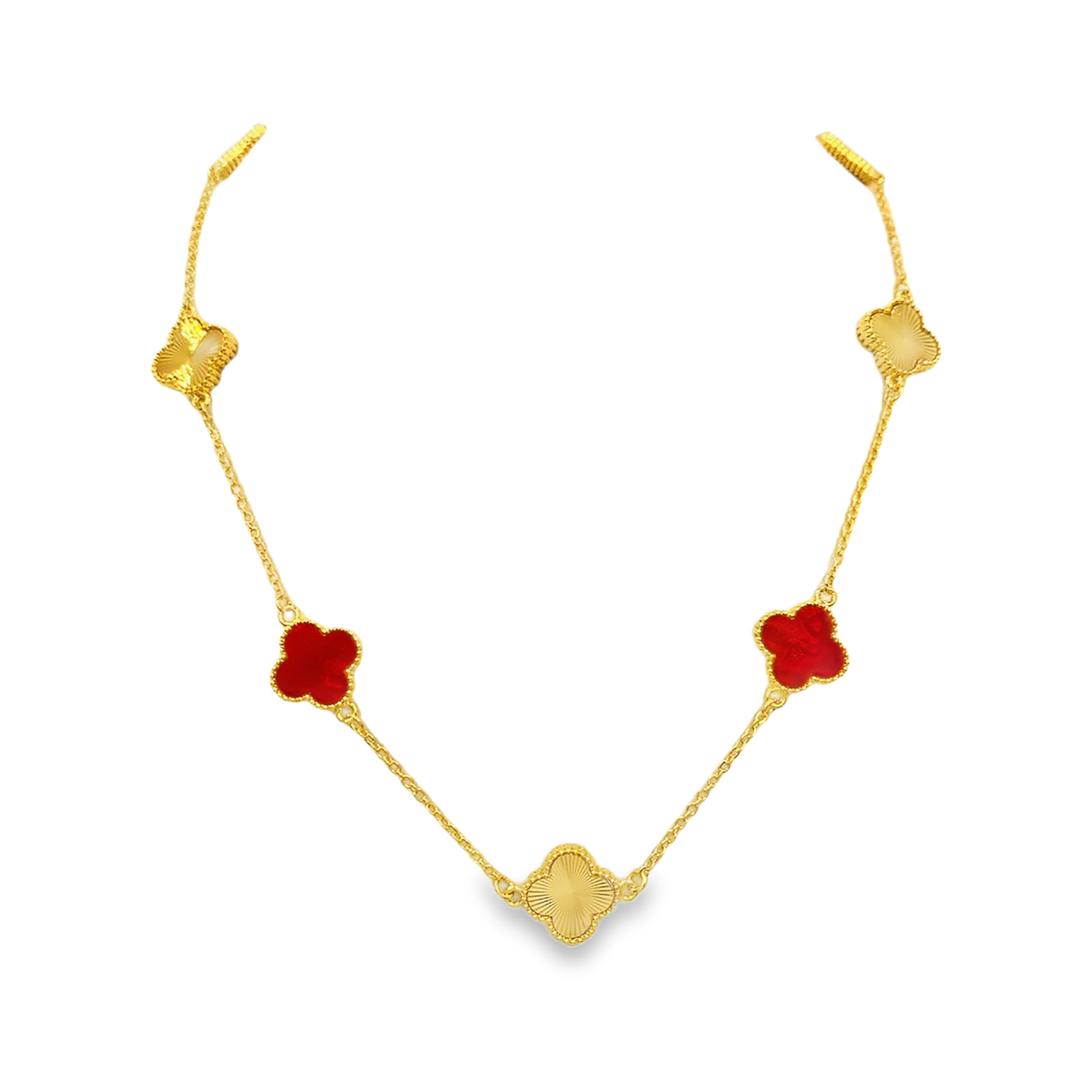 Classic Yellow Gold Charm Necklace with Cabochon Red Ruby