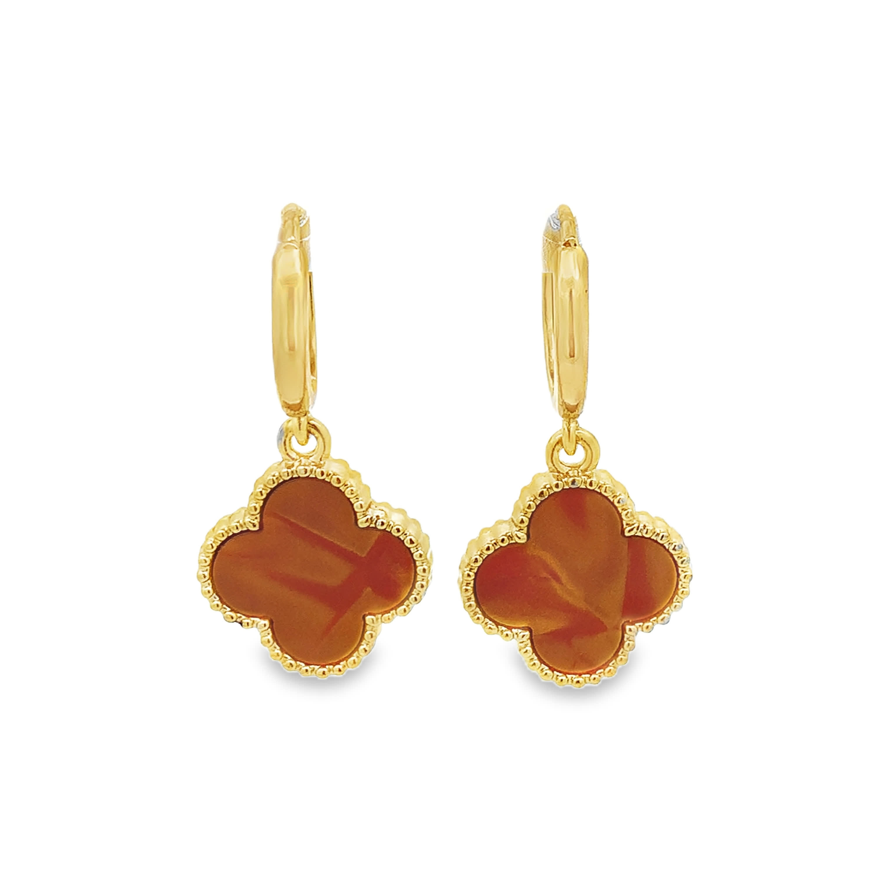 Natural Cushion Cabochon Yellowish-Orange Agate Drop Earrings in Yellow Gold