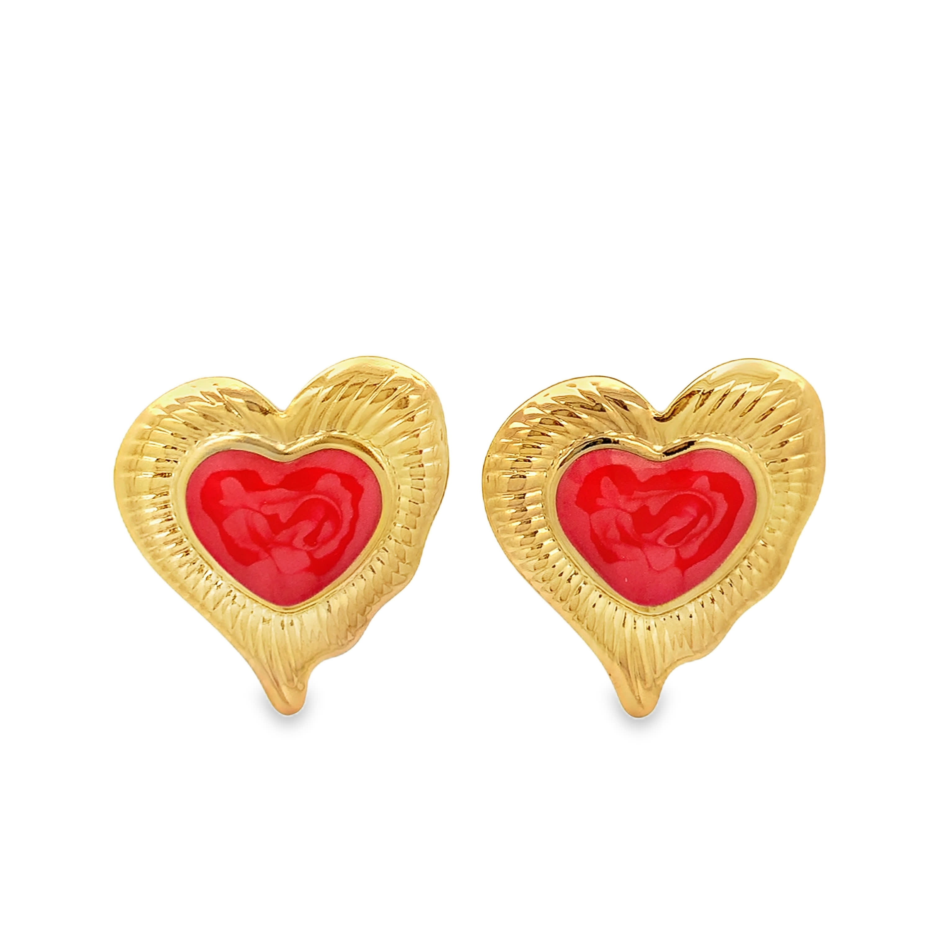 Heart Shaped Ruby Cabochon Stud Earrings in Yellow Gold