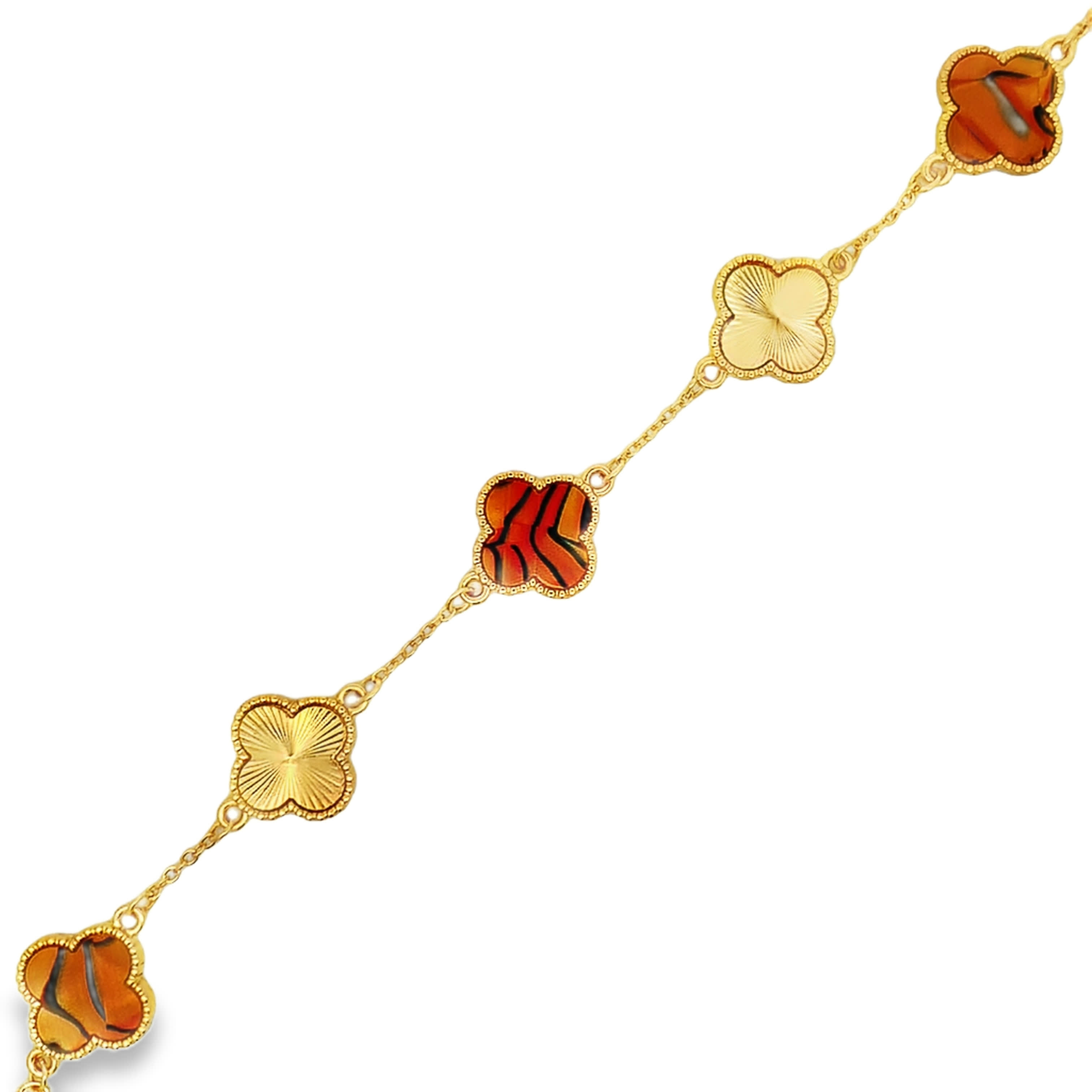 Yellow Gold Guilloché and Tiger\\\'s Eye Agate Quatrefoil Station Bracelet