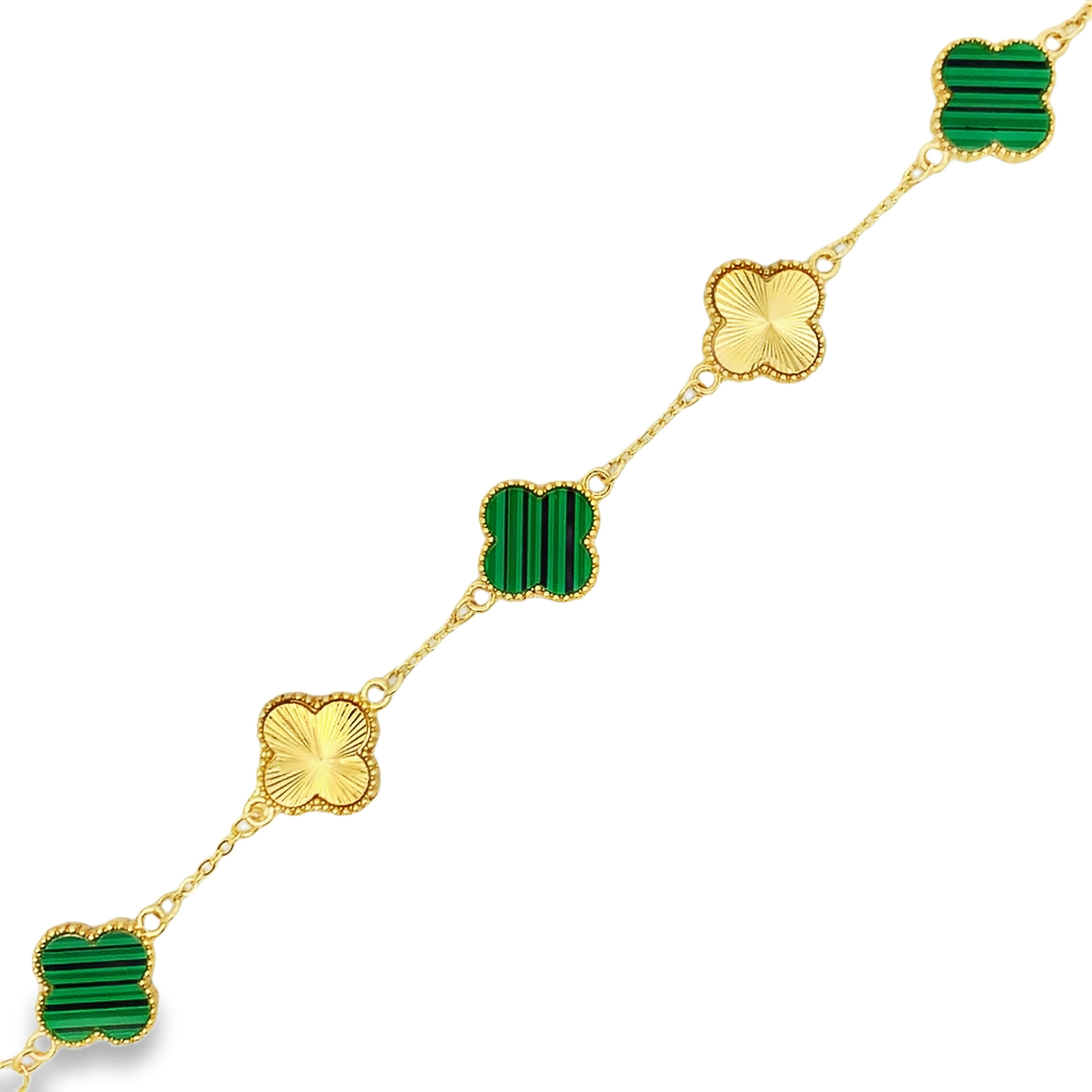 Yellow Gold Malachite and Guilloch Quatrefoil Chain Bracelet